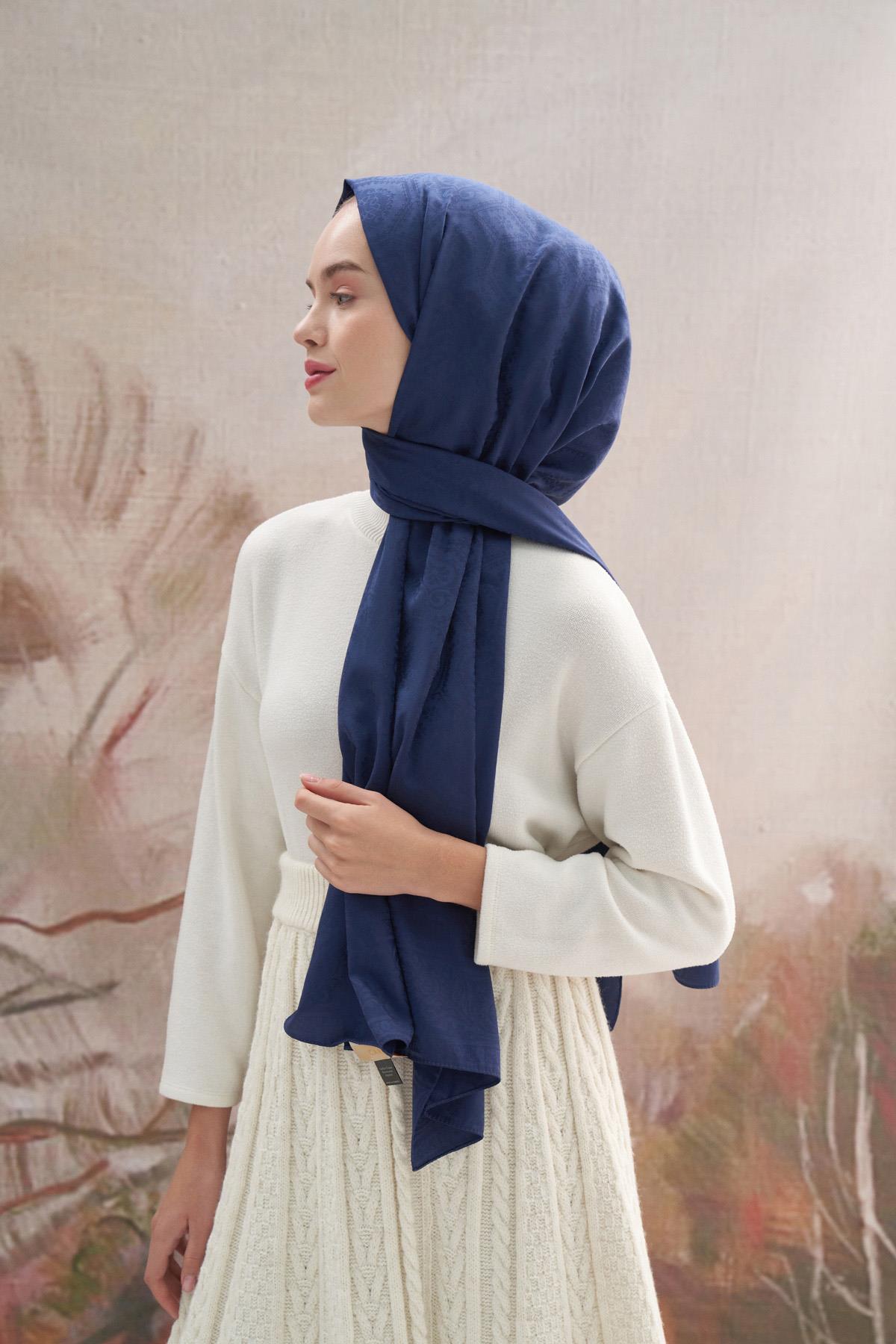 Antik Desen Pamuk İpek Şal Lacivert