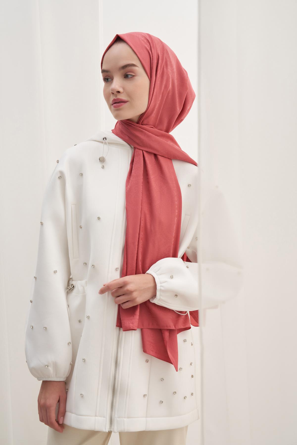 Antik Desen Pamuk İpek Şal Mercan