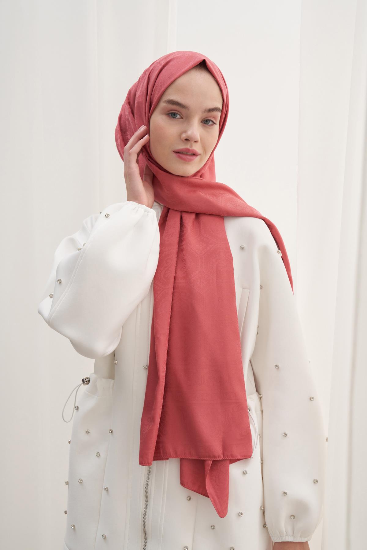 Antik Desen Pamuk İpek Şal Mercan