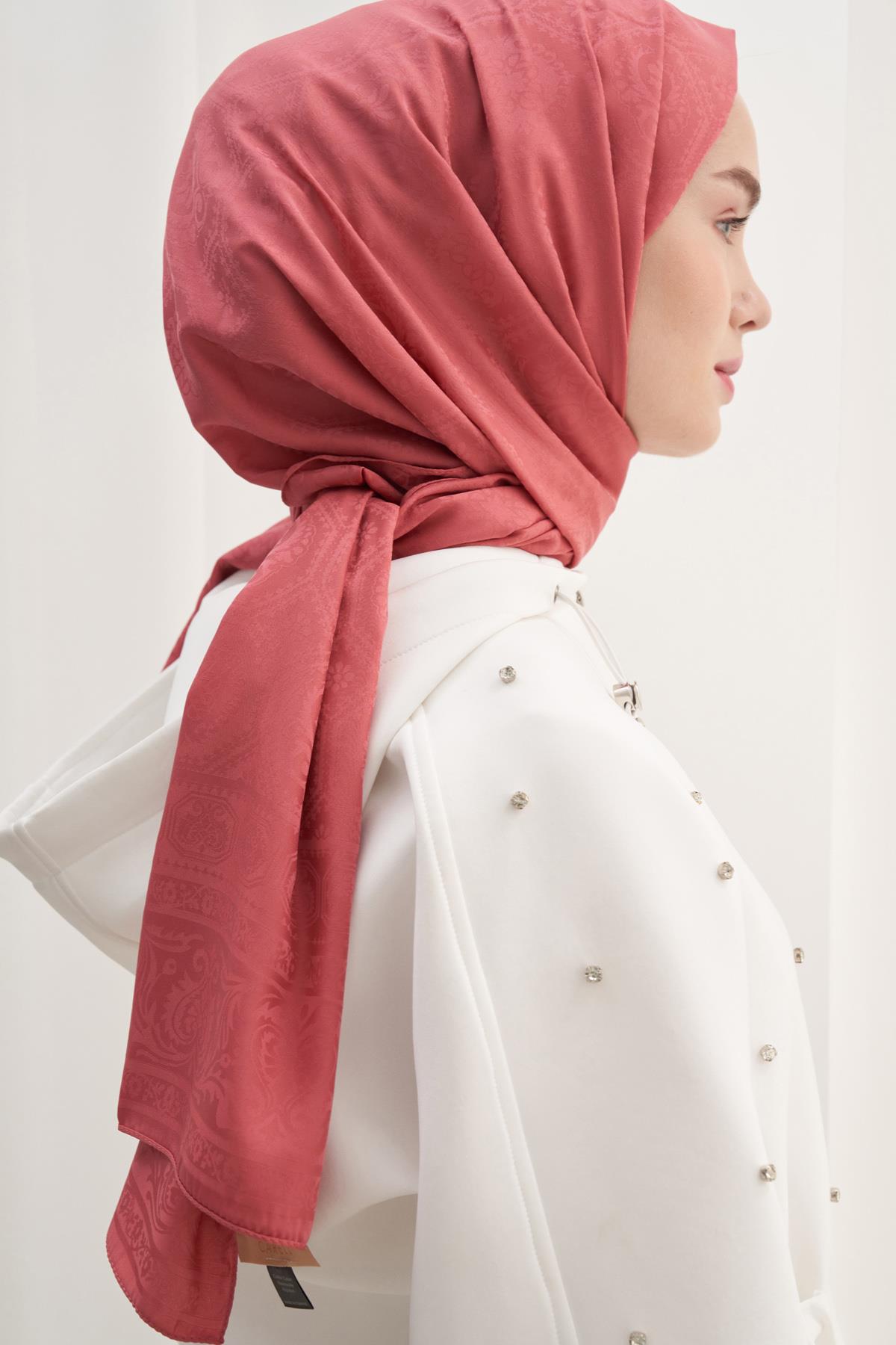 Antik Desen Pamuk İpek Şal Mercan