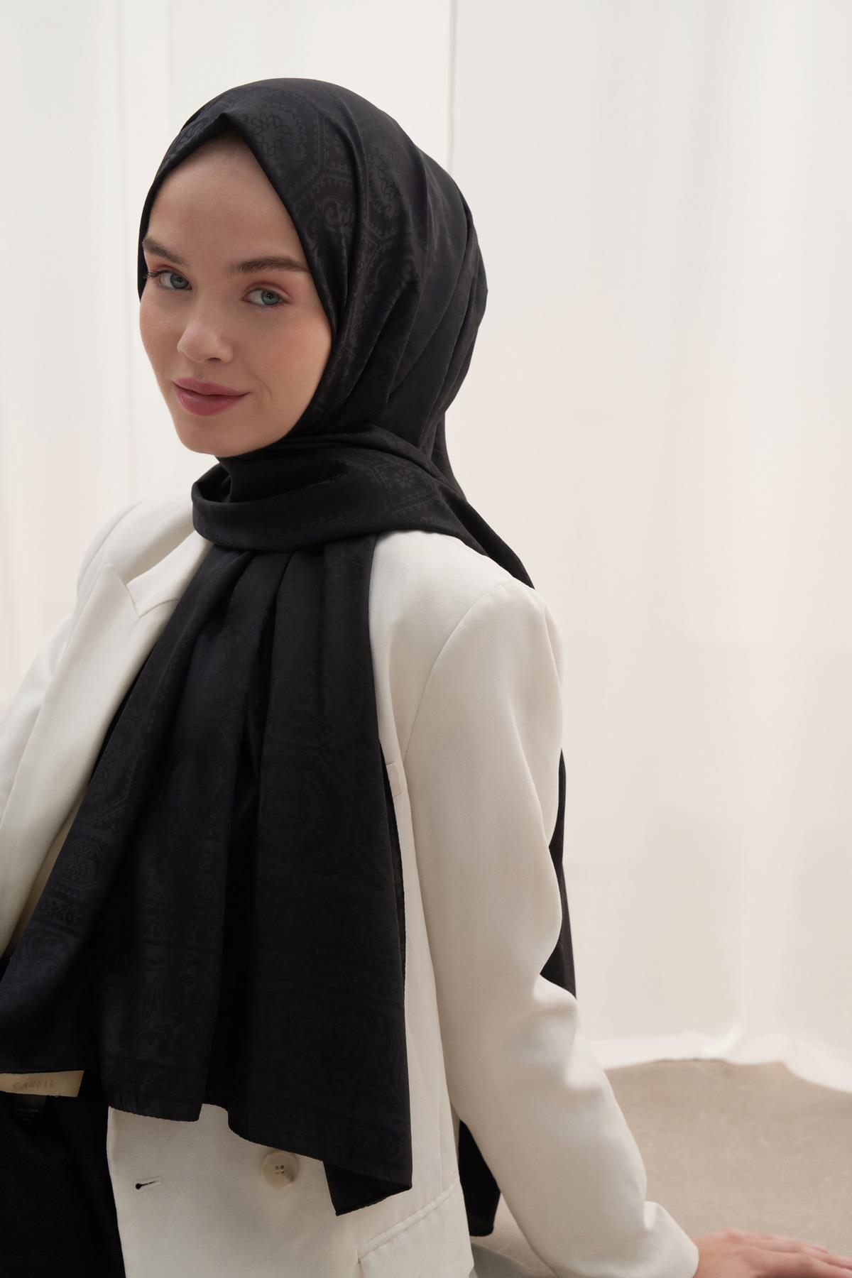 Antik Desen Pamuk İpek Şal Siyah