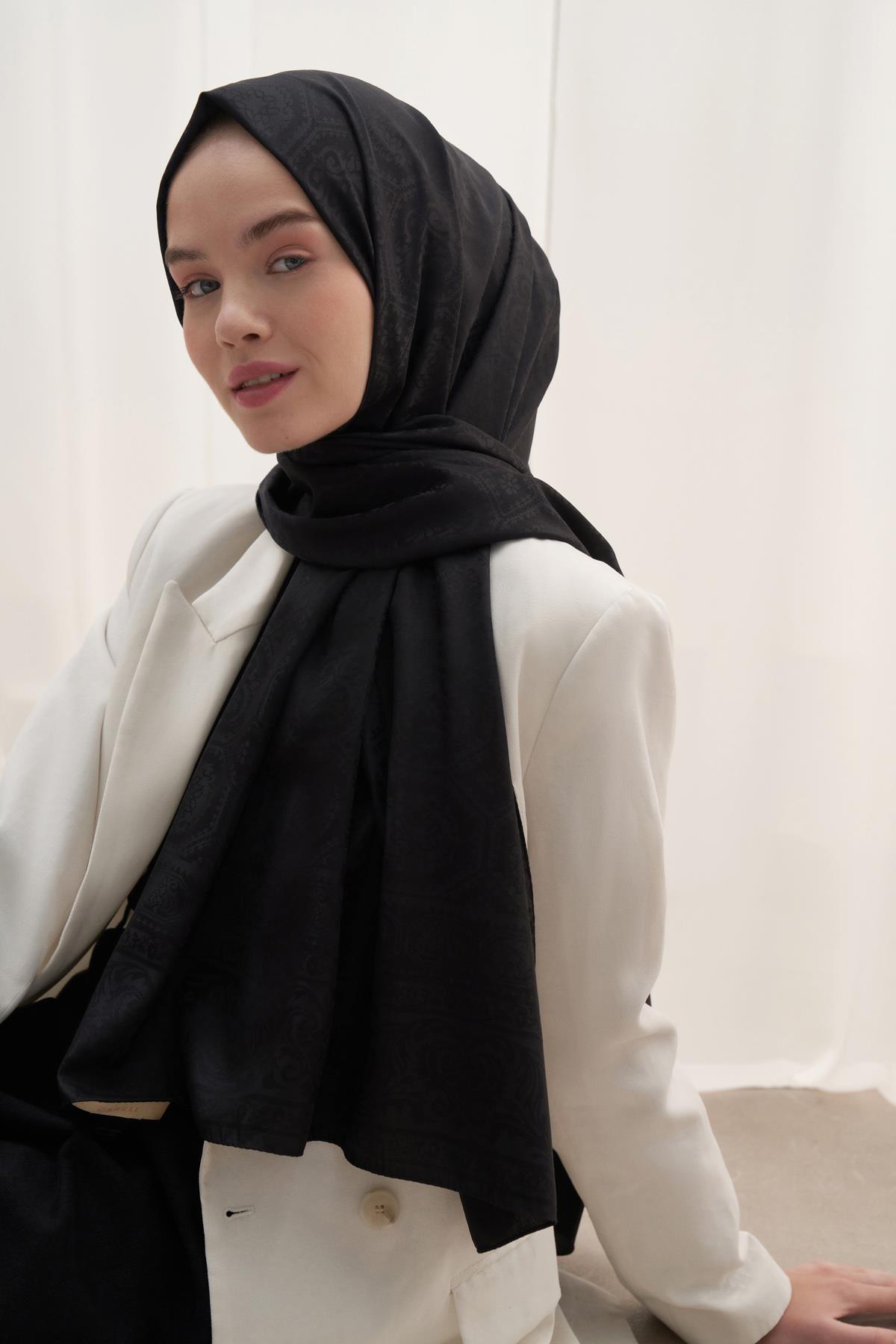 Antik Desen Pamuk İpek Şal Siyah