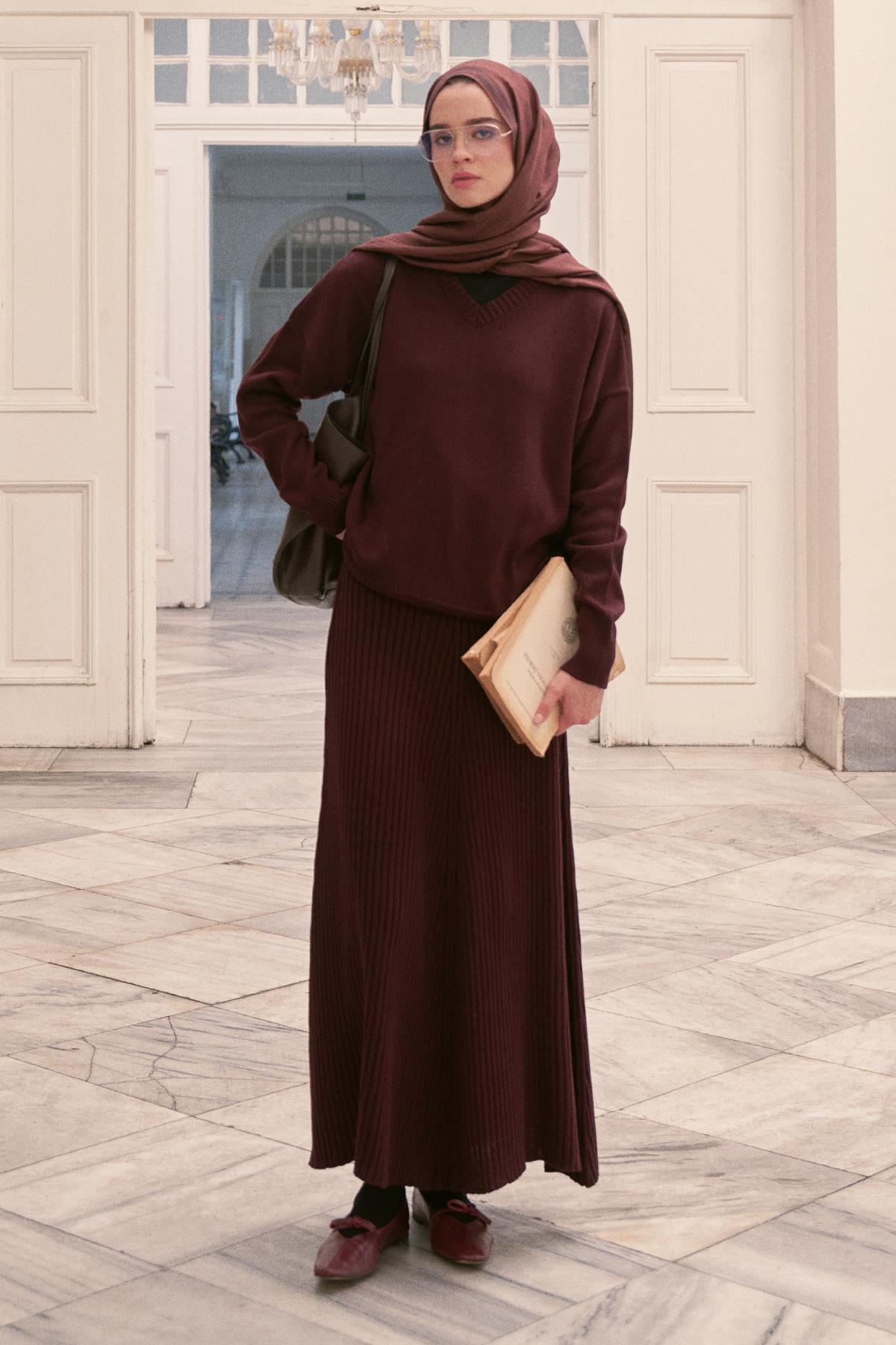 Fitilli Triko Etekli Takım Mürdüm