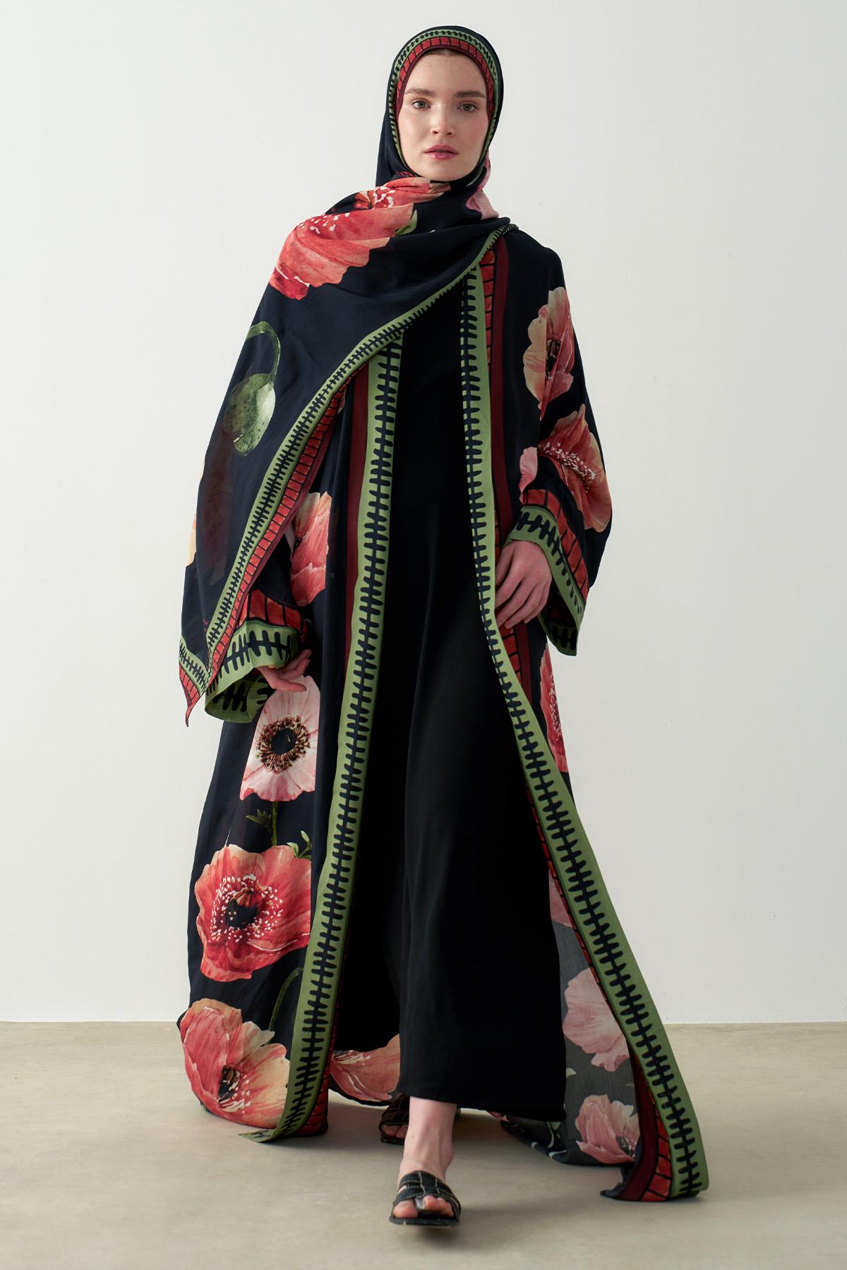 Roselle Floş Abaya Siyah