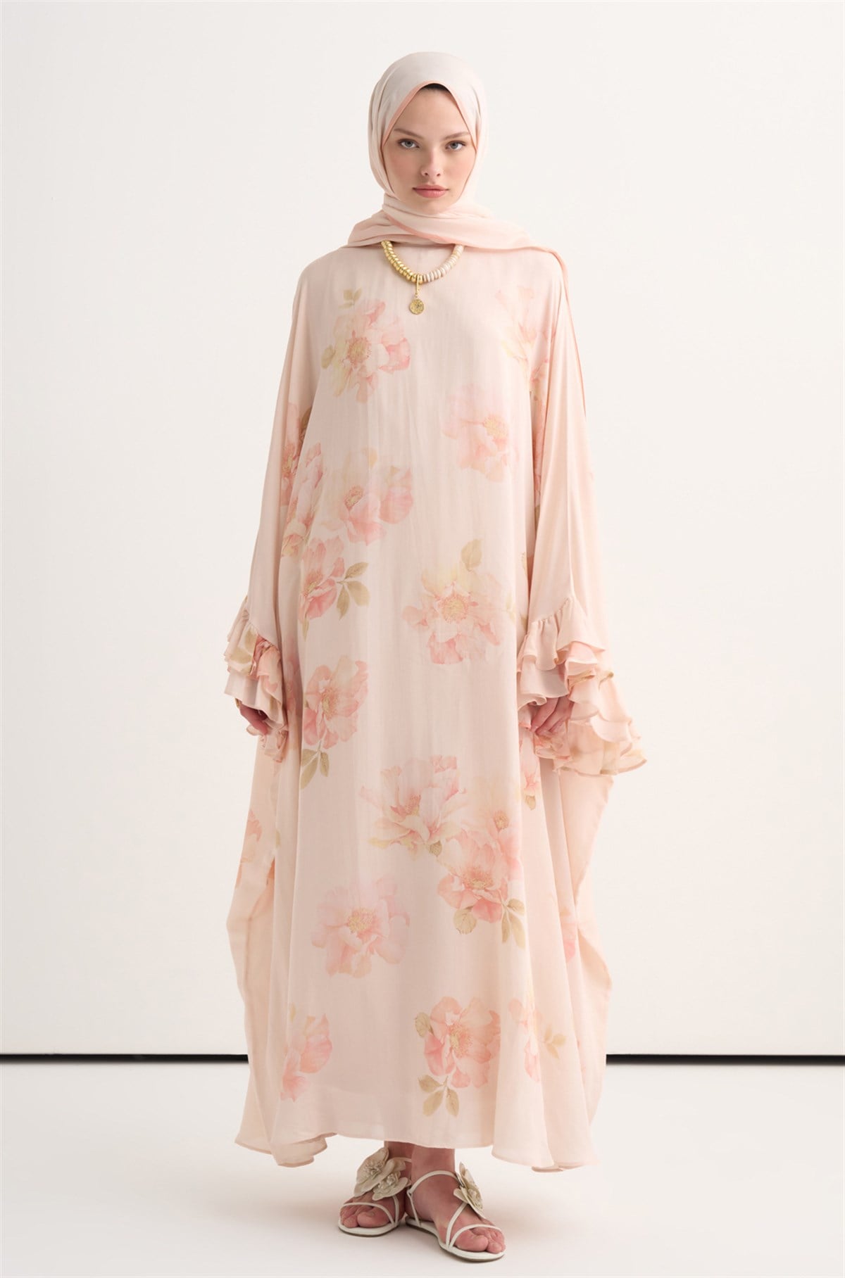 Fleur Floş Fırfır Detaylı Kaftan Pudra