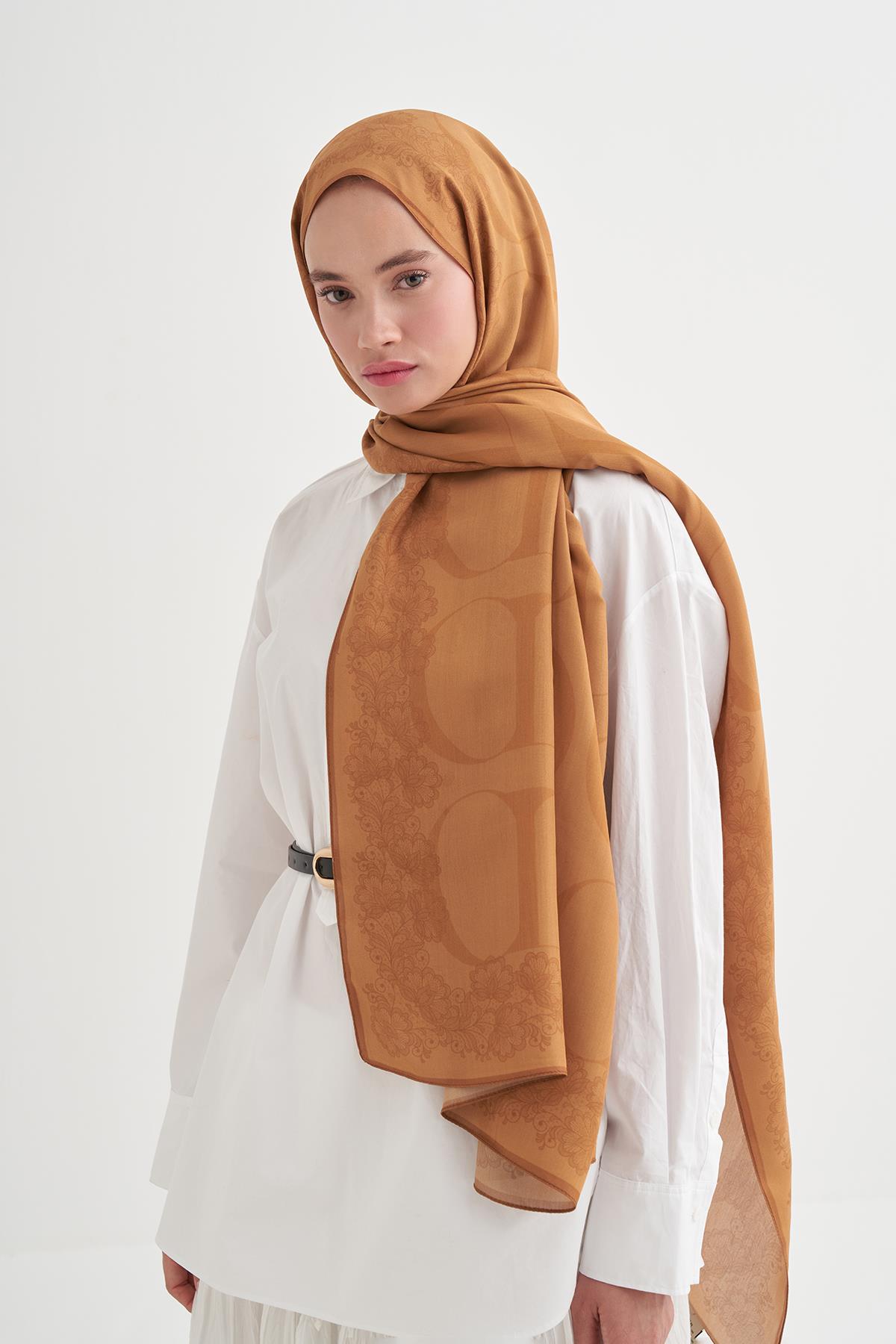 Floral Monogram Floş Şal Hardal