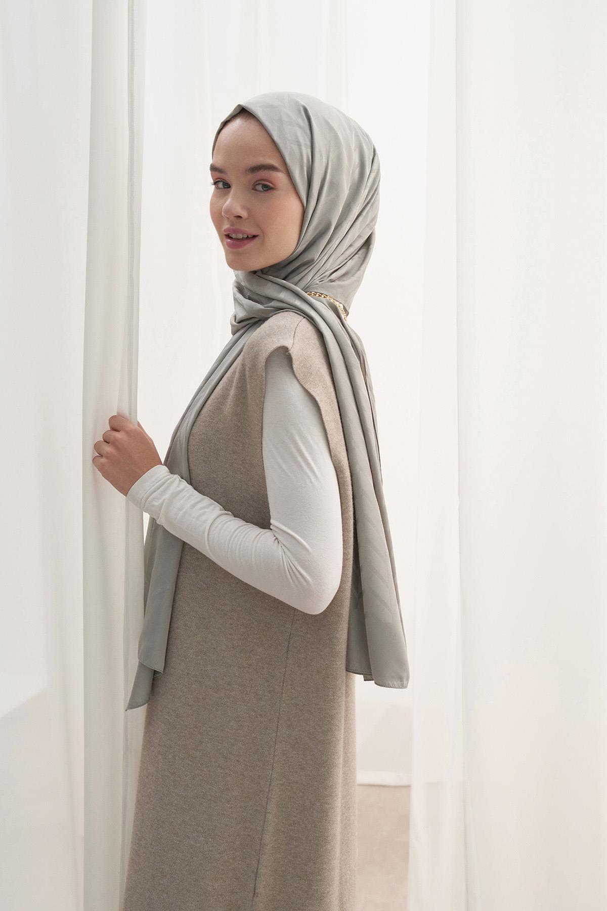 Baklava Desen Pamuk İpek Şal Açık Gri