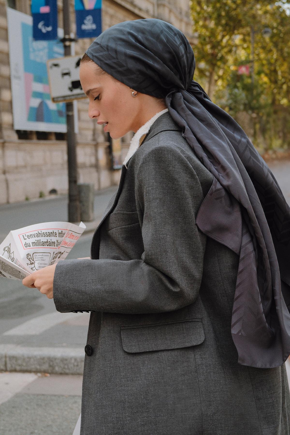 Baklava Desen Pamuk İpek Şal Antrasit