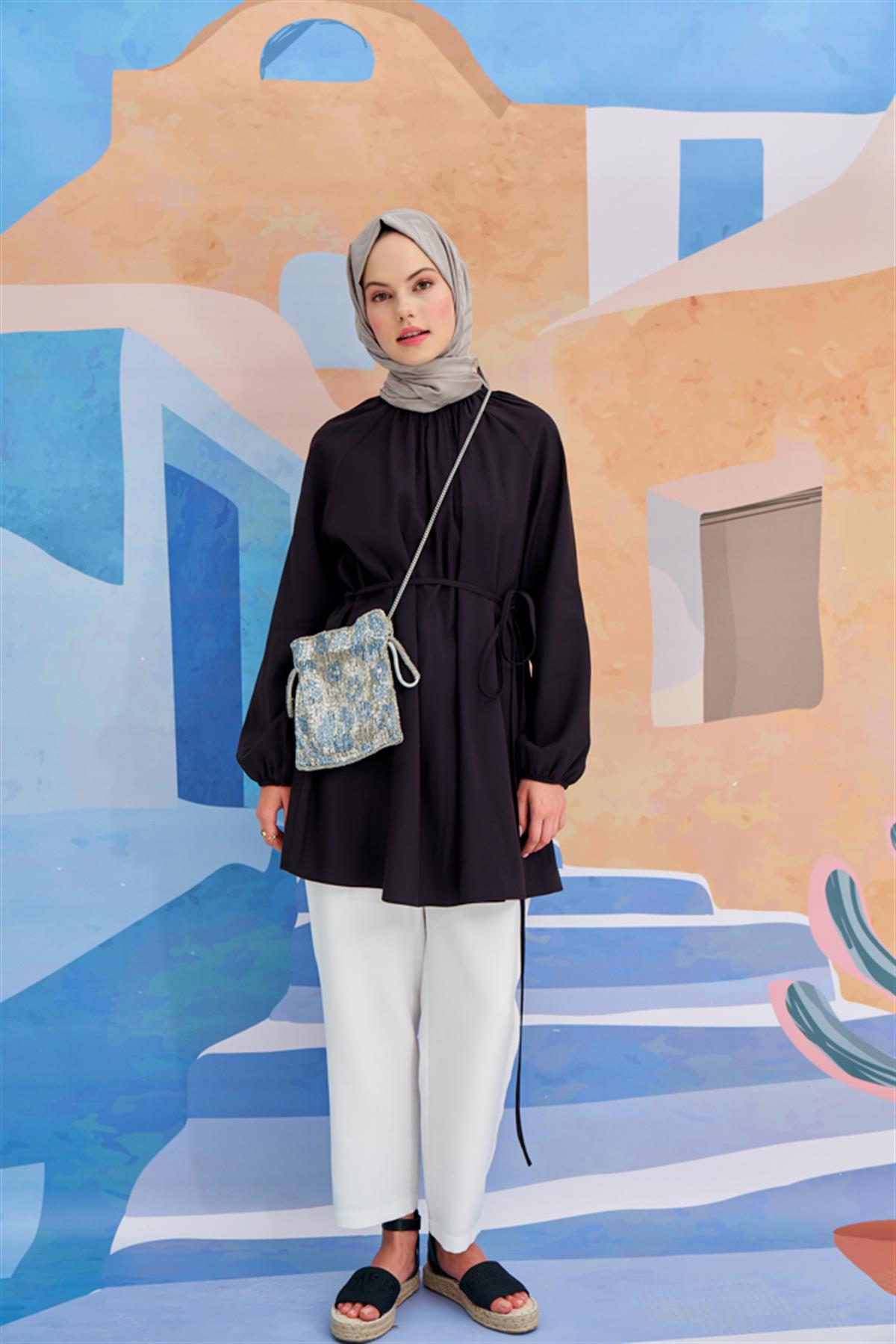 Baklava Desen Pamuk İpek Şal Füme