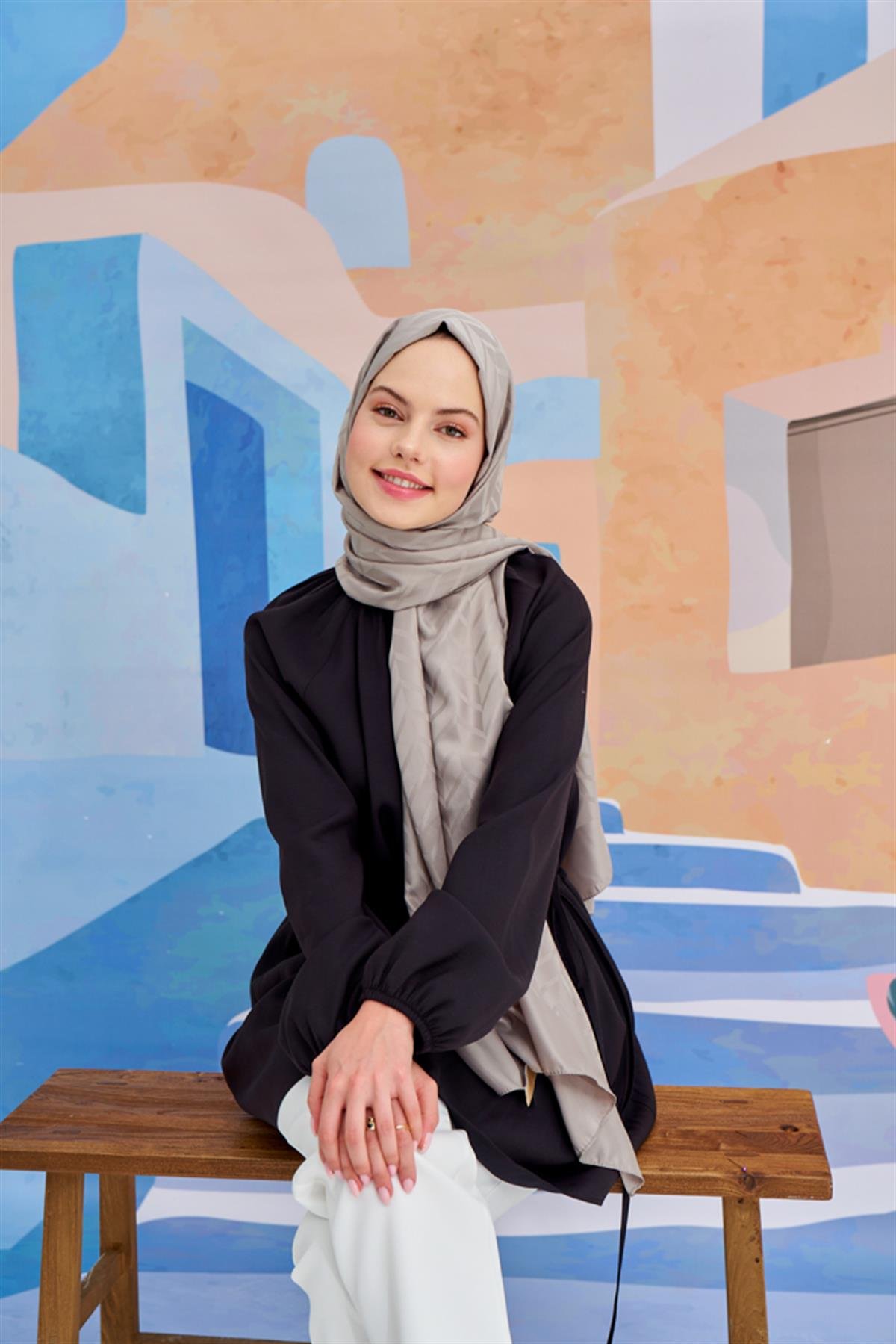 Baklava Desen Pamuk İpek Şal Füme