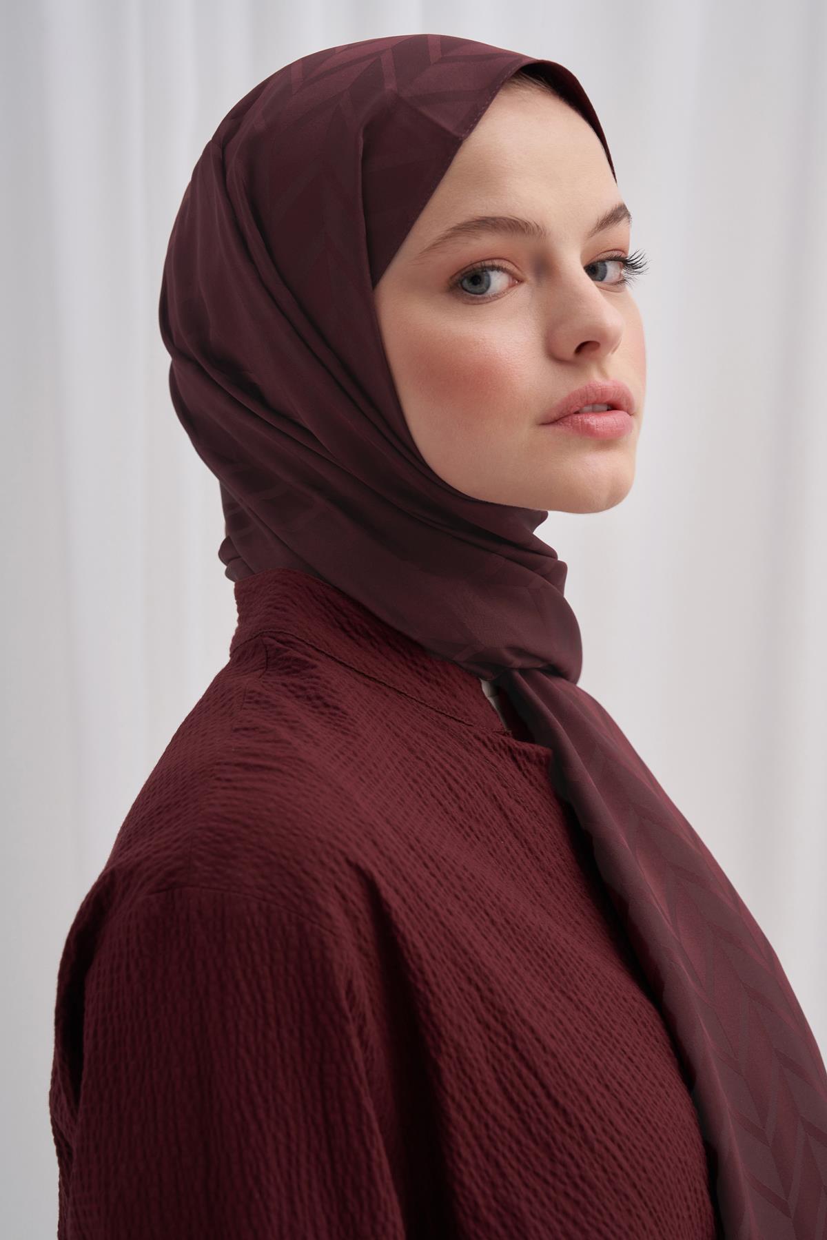 Baklava Desen Pamuk İpek Şal Kızıl Kahve