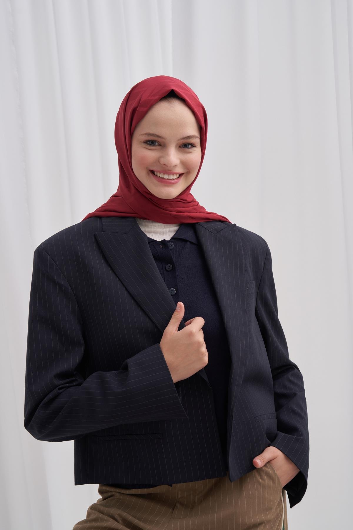 Baklava Desen Pamuk İpek Şal Koyu Bordo