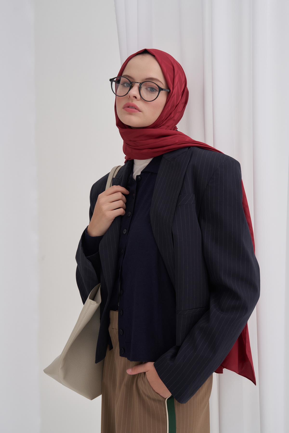 Baklava Desen Pamuk İpek Şal Koyu Bordo