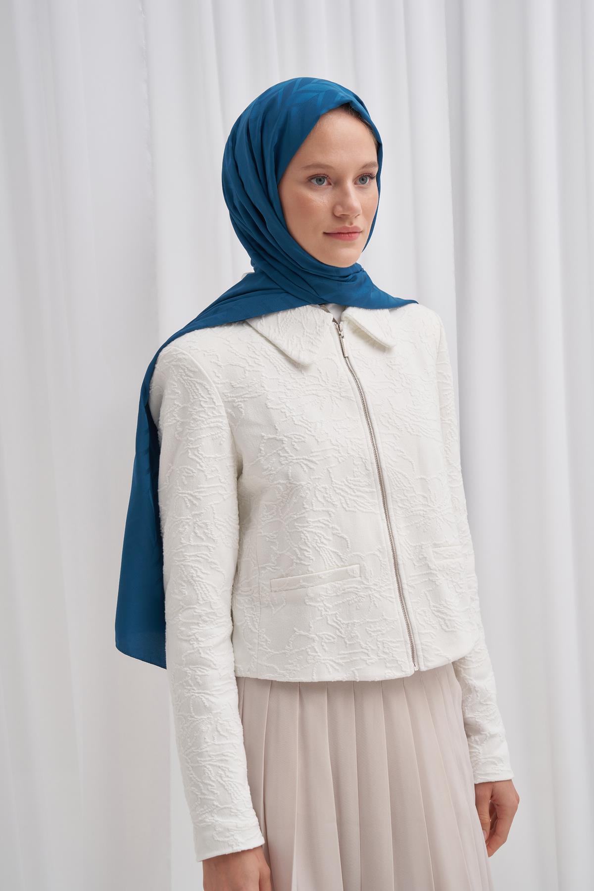 Baklava Desen Pamuk İpek Şal Petrol Mavisi