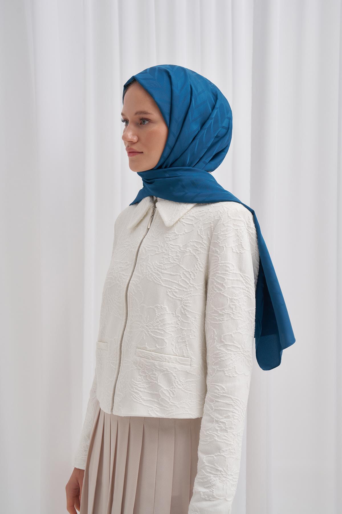 Baklava Desen Pamuk İpek Şal Petrol Mavisi