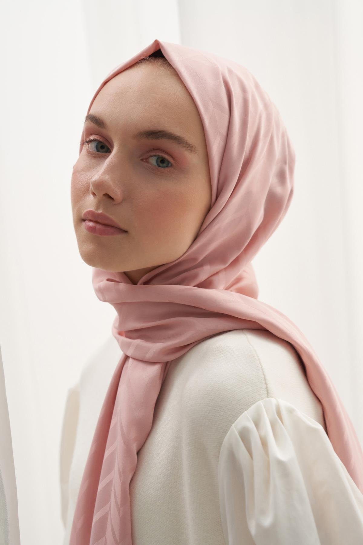 Baklava Desen Pamuk İpek Şal Pudra