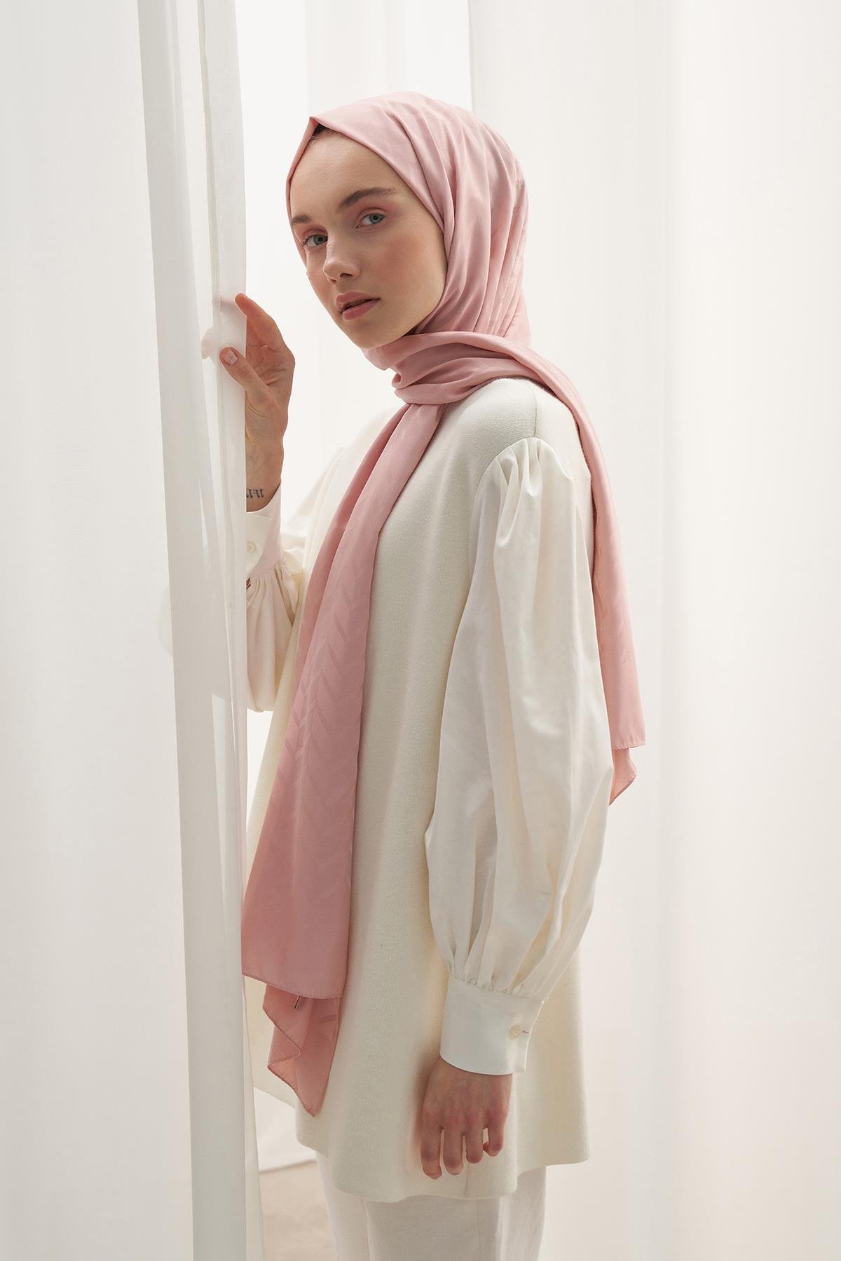 Baklava Desen Pamuk İpek Şal Pudra