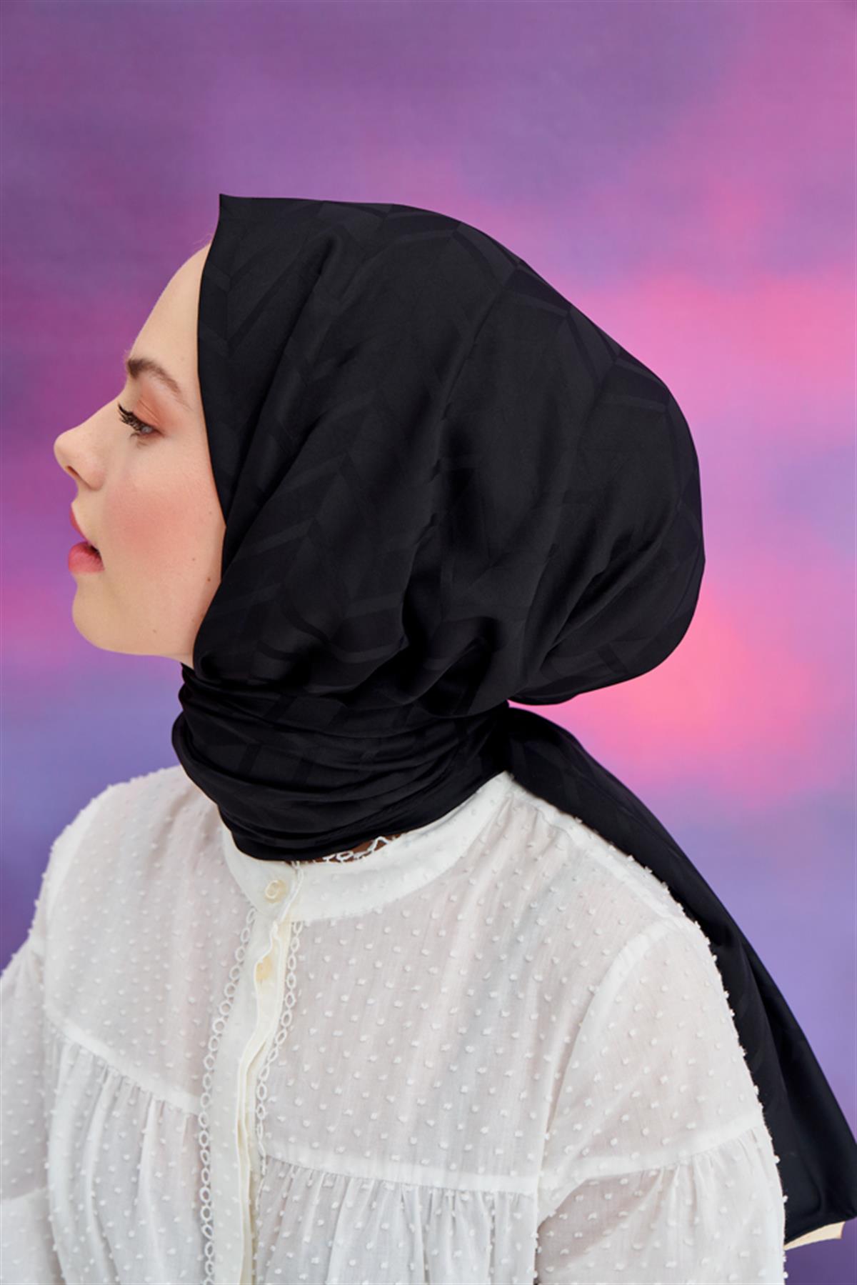 Baklava Desen Pamuk İpek Şal Siyah