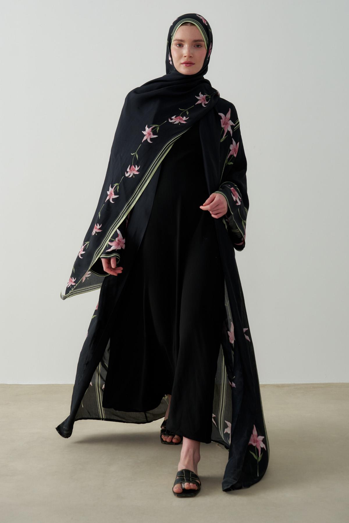 Blooming Floş Abaya Siyah