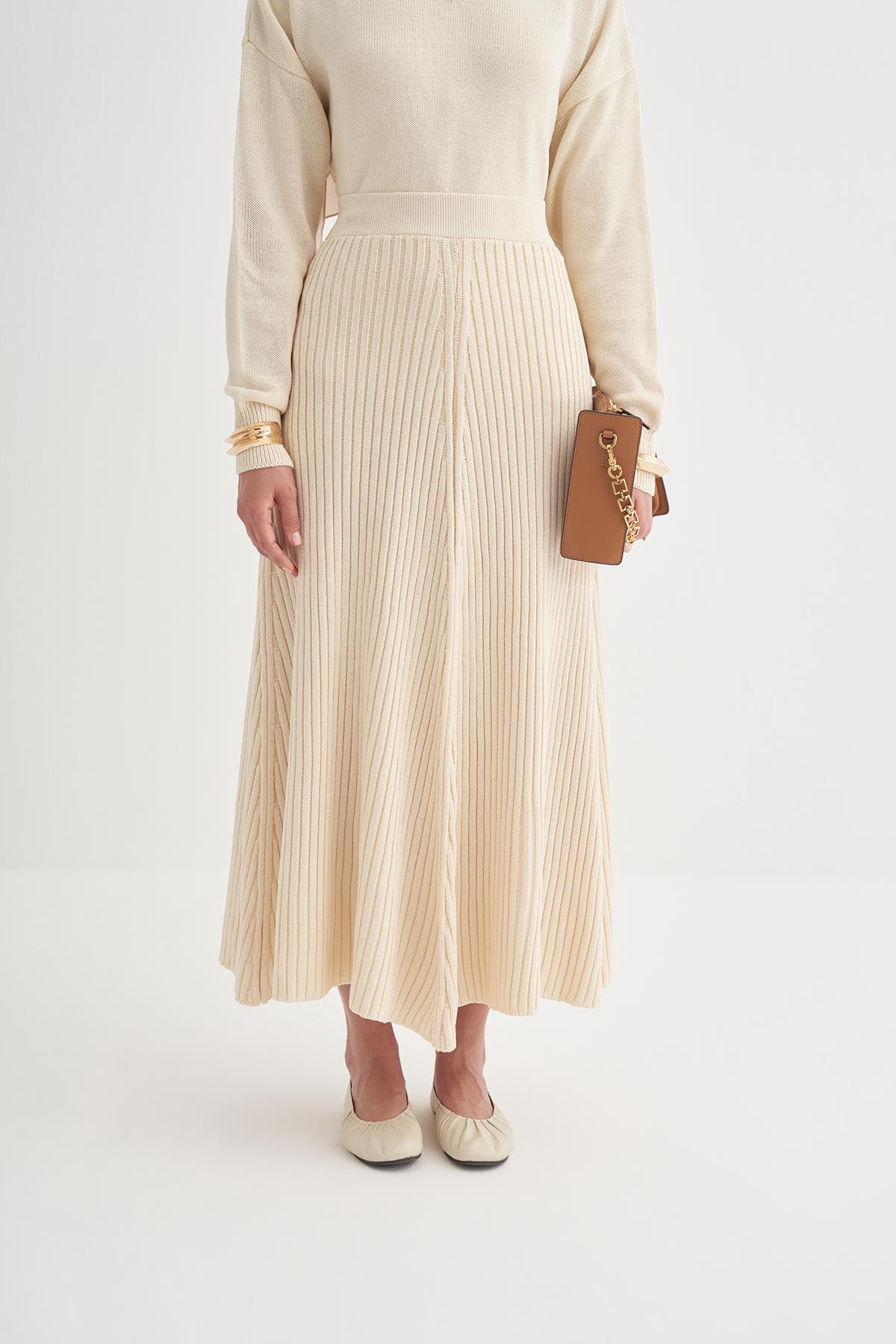 Fitilli Triko Etekli Takım Krem