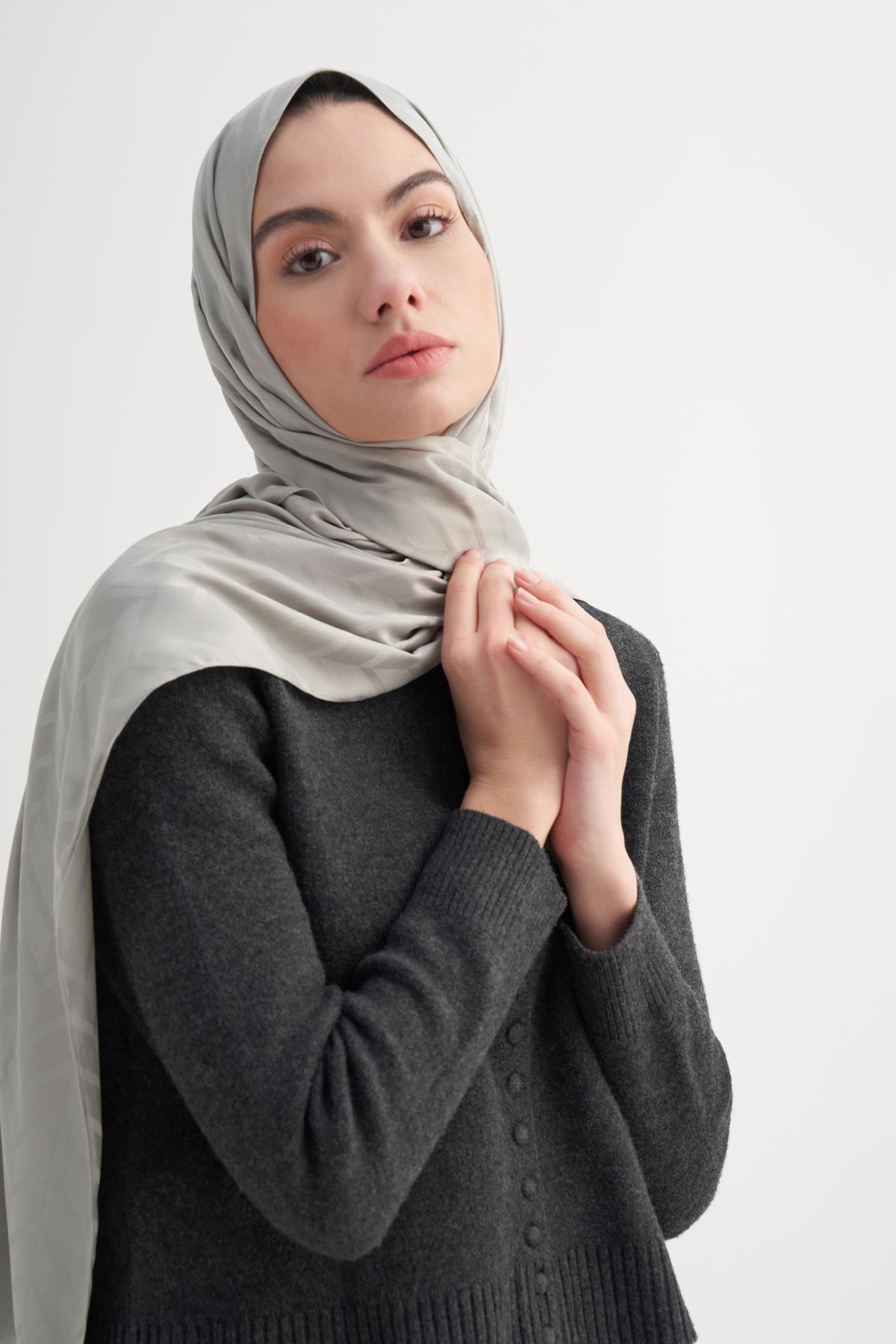 Baklava Desen Pamuk İpek Şal Açık Gri