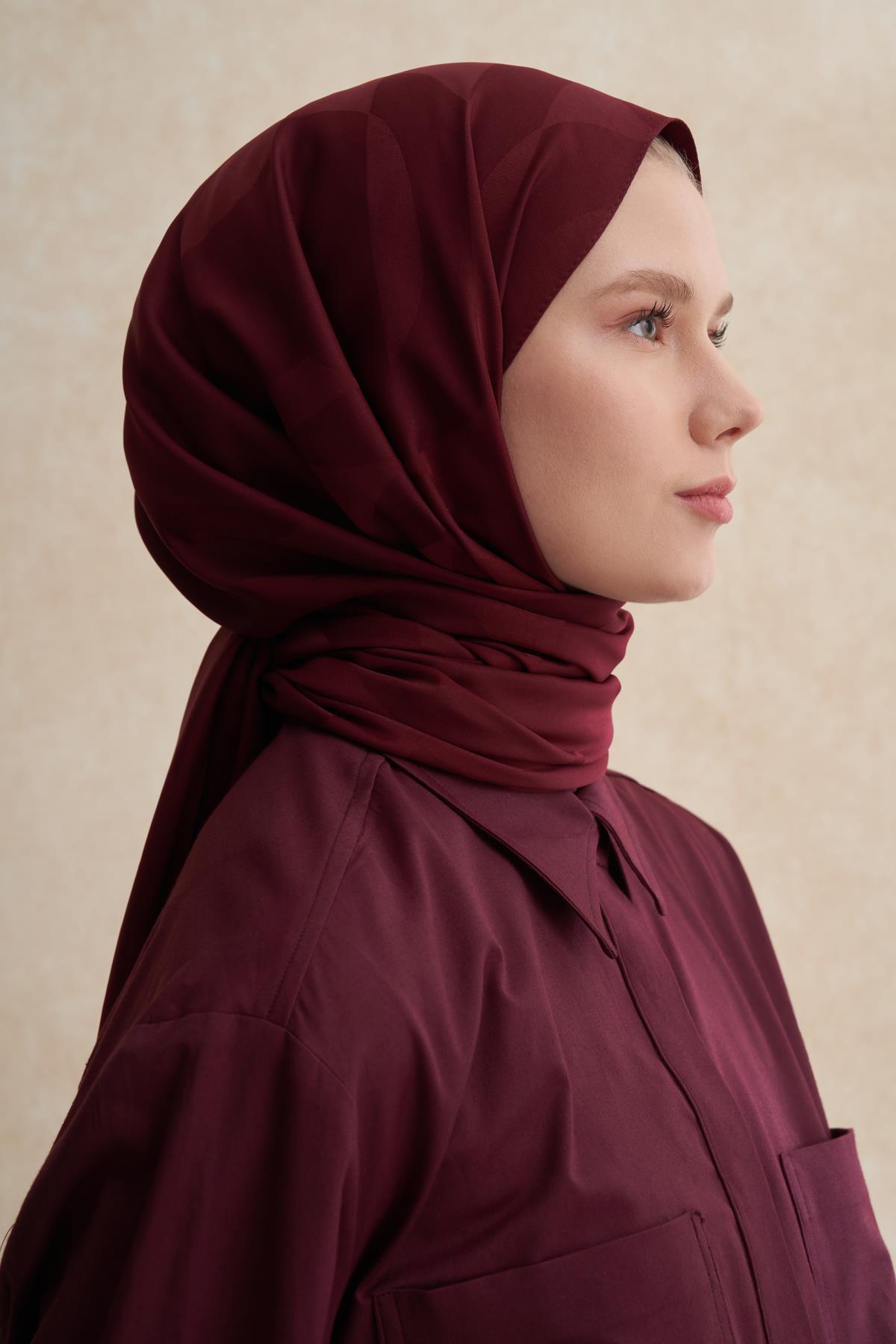 C Desen Monogram Pamuk İpek Şal Koyu Bordo