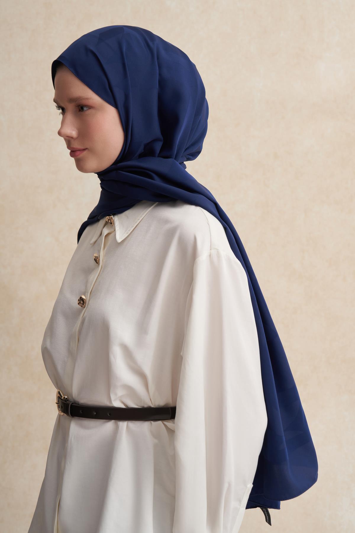 C Desen Monogram Pamuk İpek Şal Koyu Lacivert