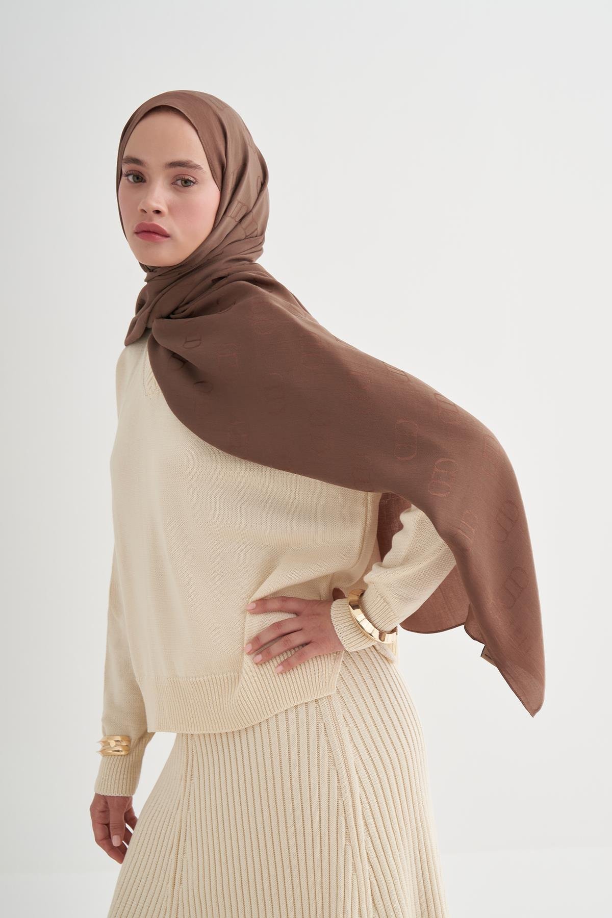 Monogram Desen Liora Pamuk Şal Toprak