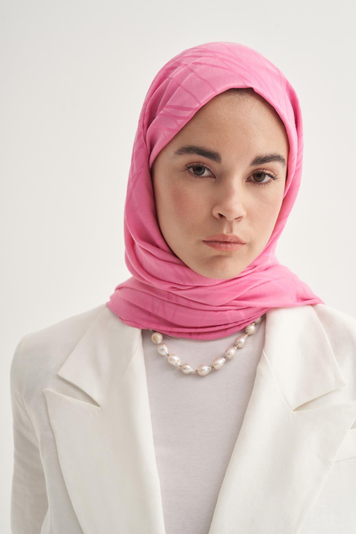 Simetrik Jakar İtalyan  İpekli Şal Koyu Pembe