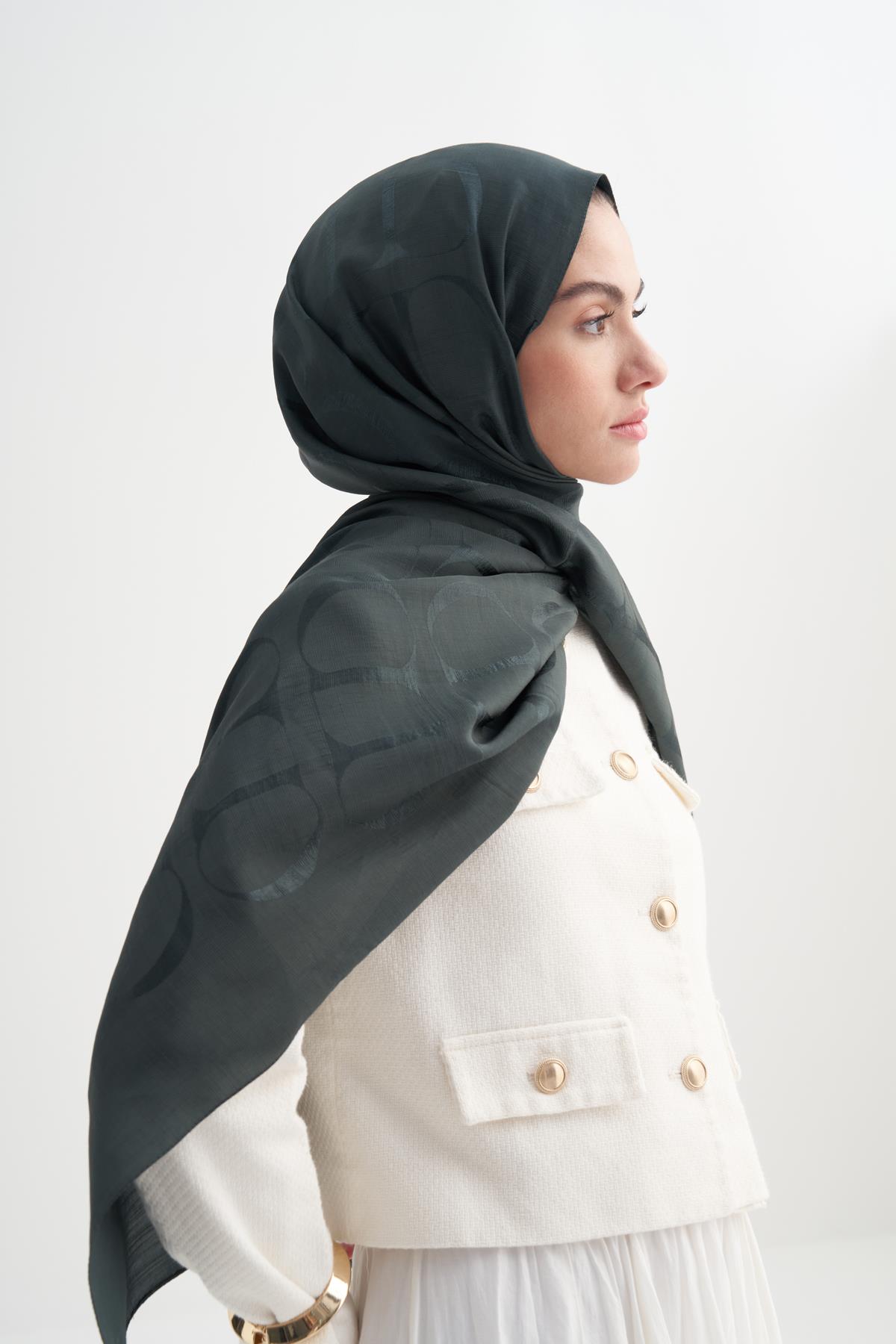 Monogram Desen Rina Floş Jakar Şal Orman Yeşili