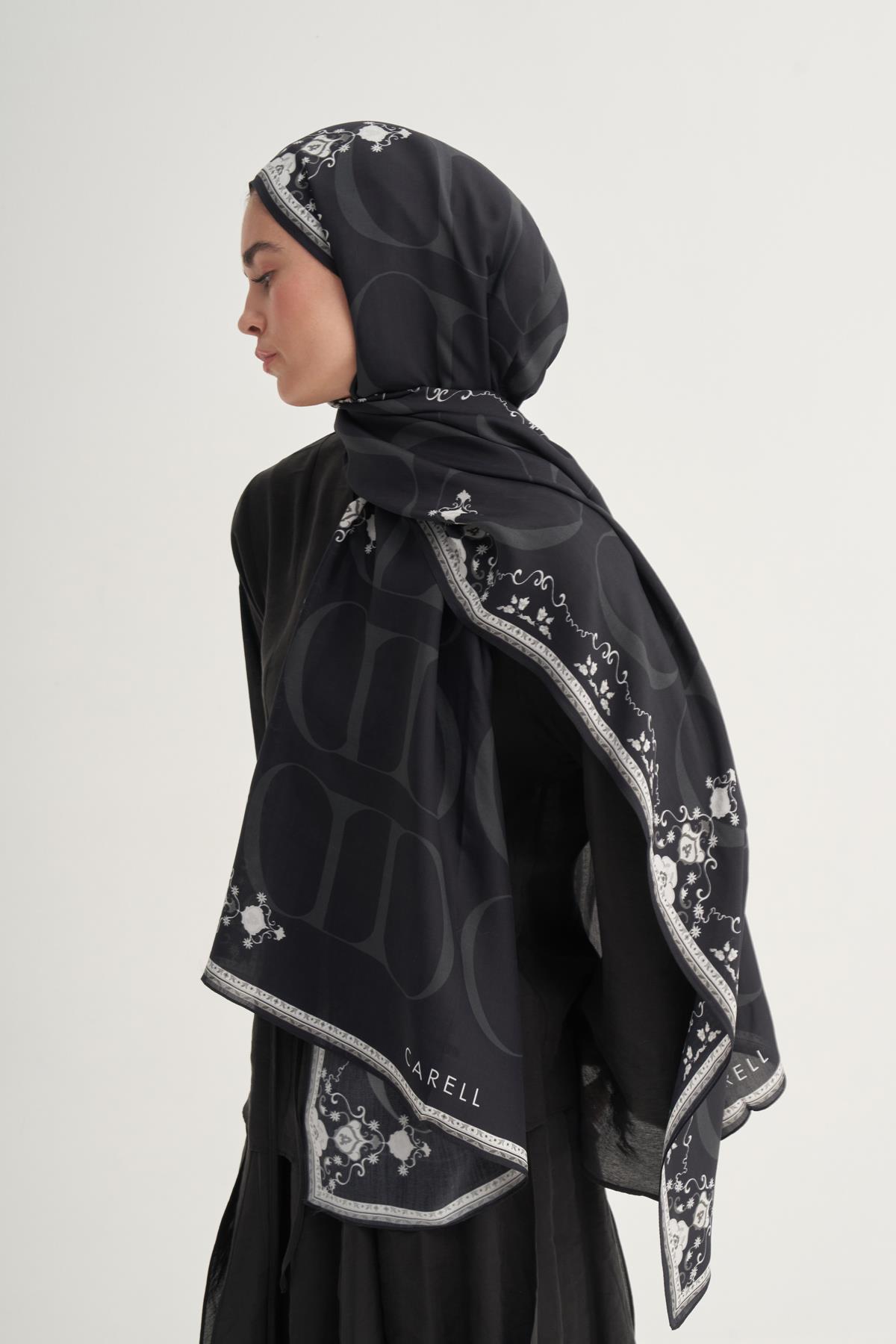 Luxe Çiçekli Monogram Floş Şal Siyah