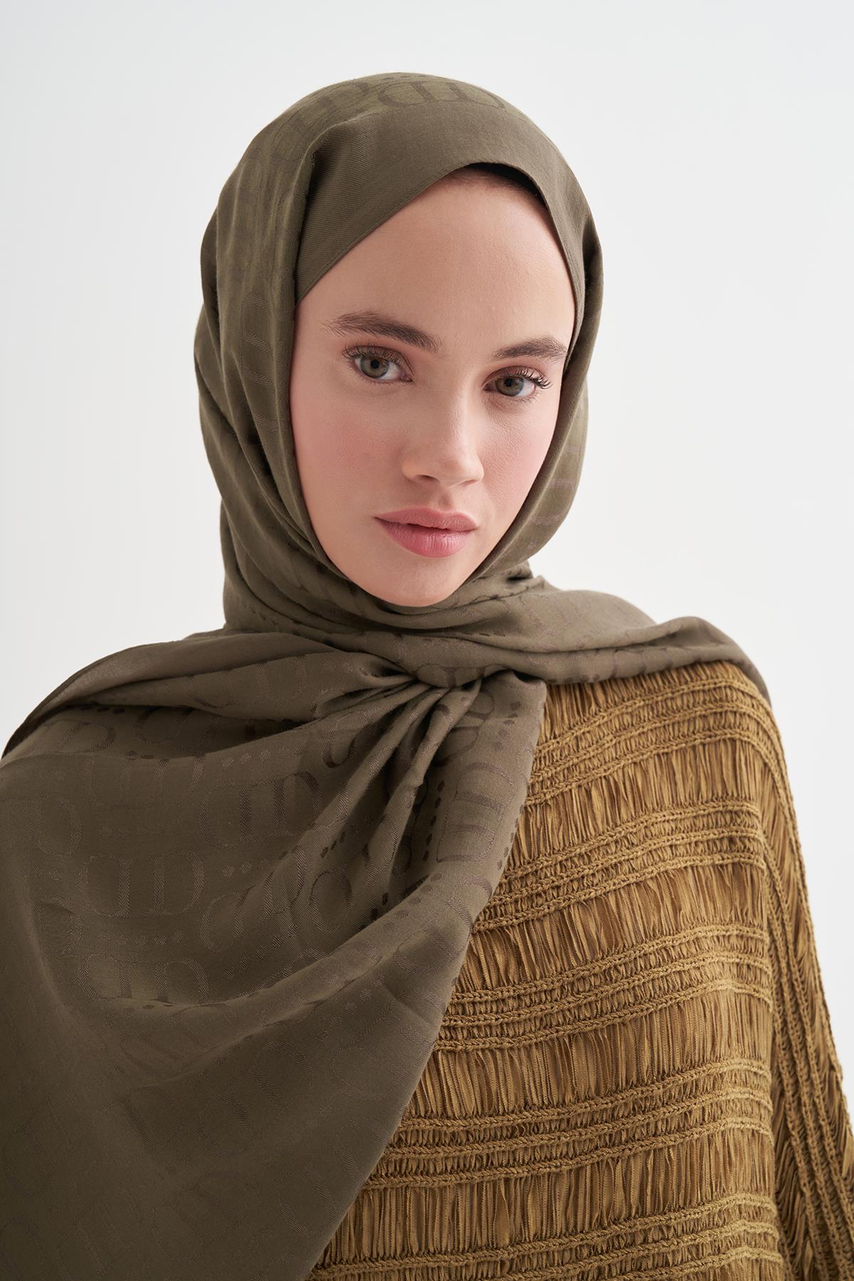 Luxe Desen Liora Pamuk Şal Zeytin Yeşili