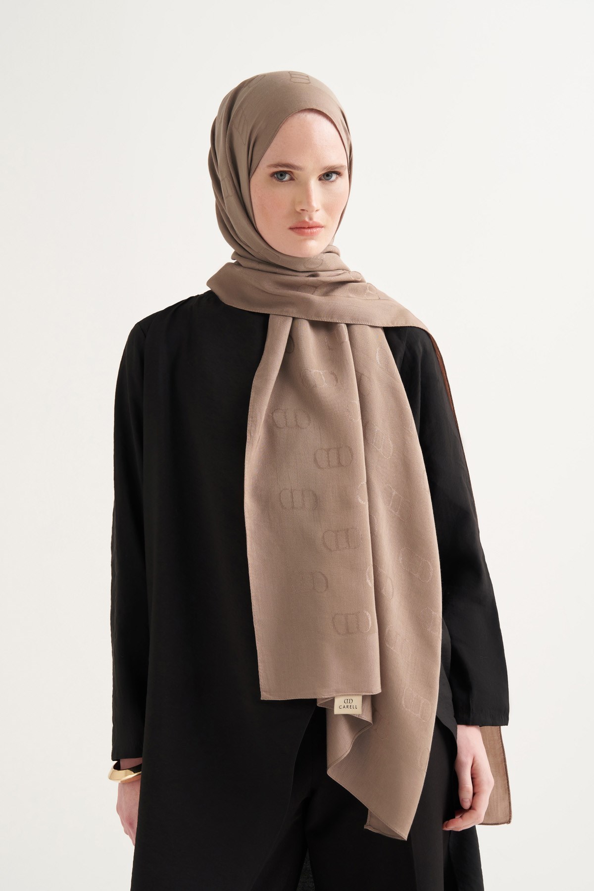 Monogram Desen Liora Pamuk Şal Vizon