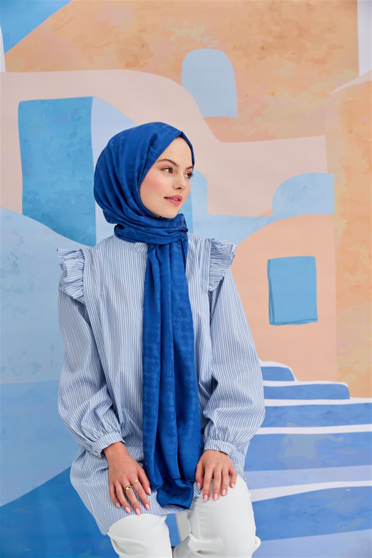 Çiçek Desen Jakar İtalyan İpekli Şal İndigo