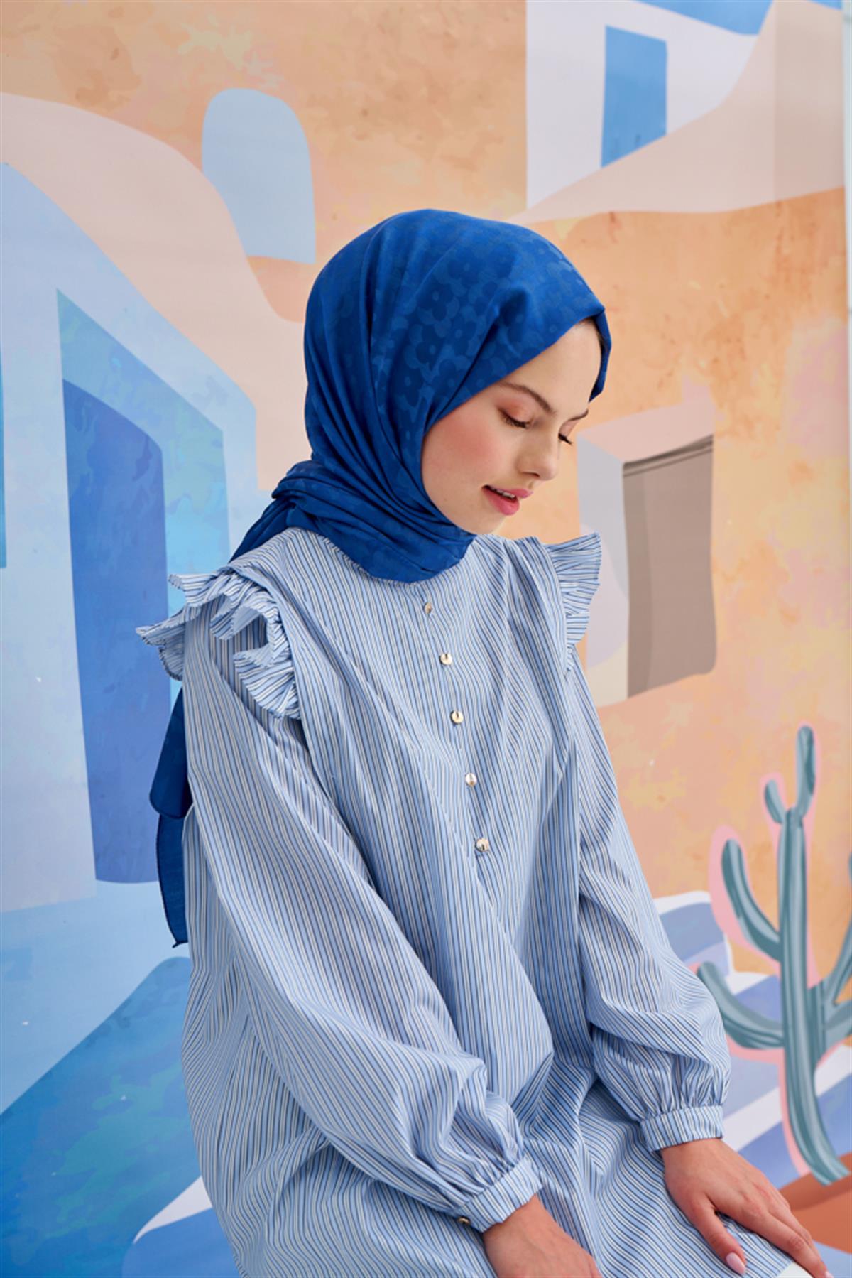 Çiçek Desen Jakar İtalyan İpekli Şal İndigo