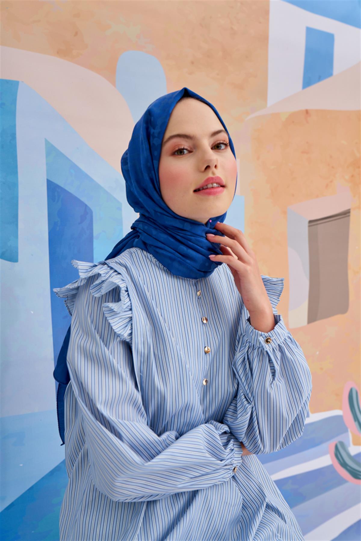 Çiçek Desen Jakar İtalyan İpekli Şal İndigo