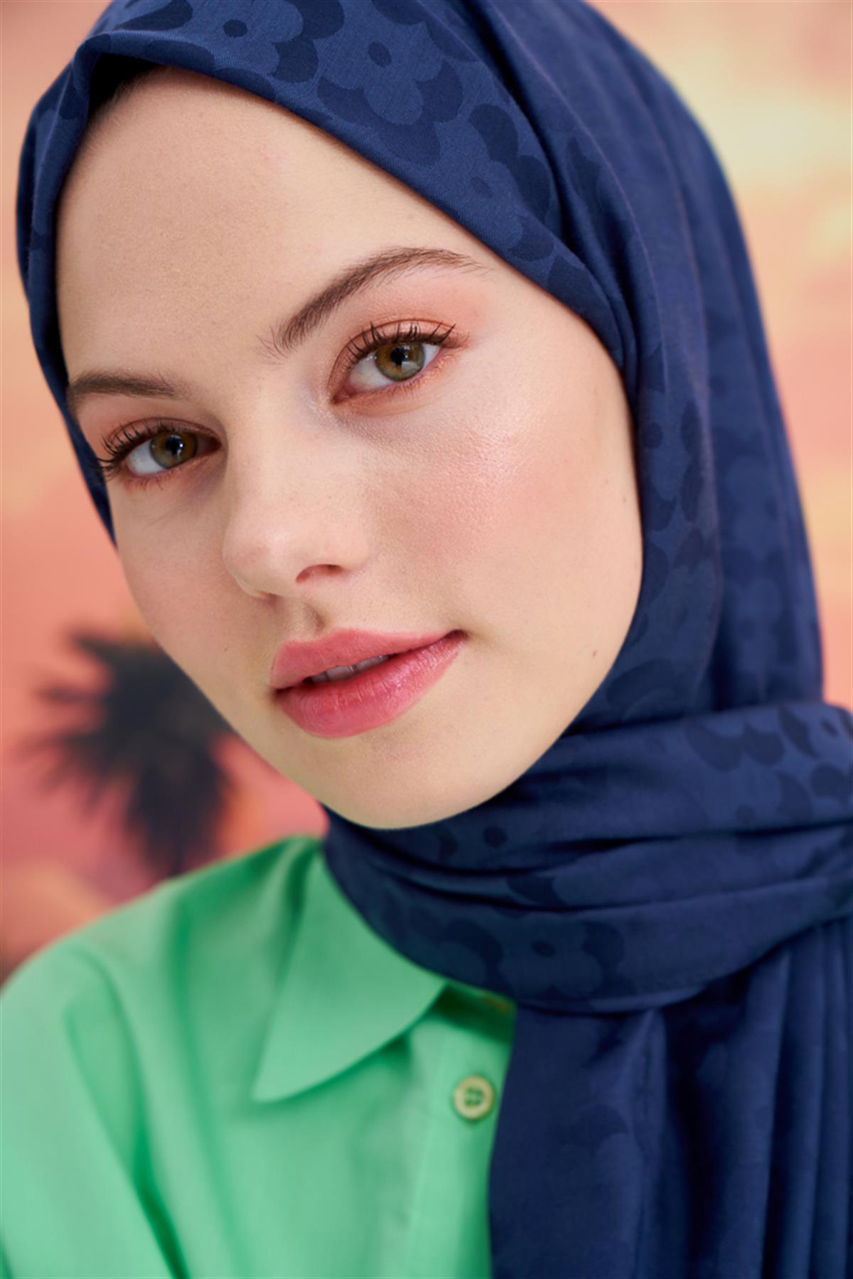 Çiçek Desen Jakar İtalyan İpekli Şal Lacivert