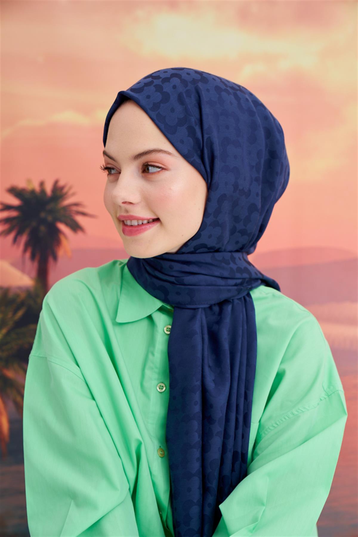 Çiçek Desen Jakar İtalyan İpekli Şal Lacivert