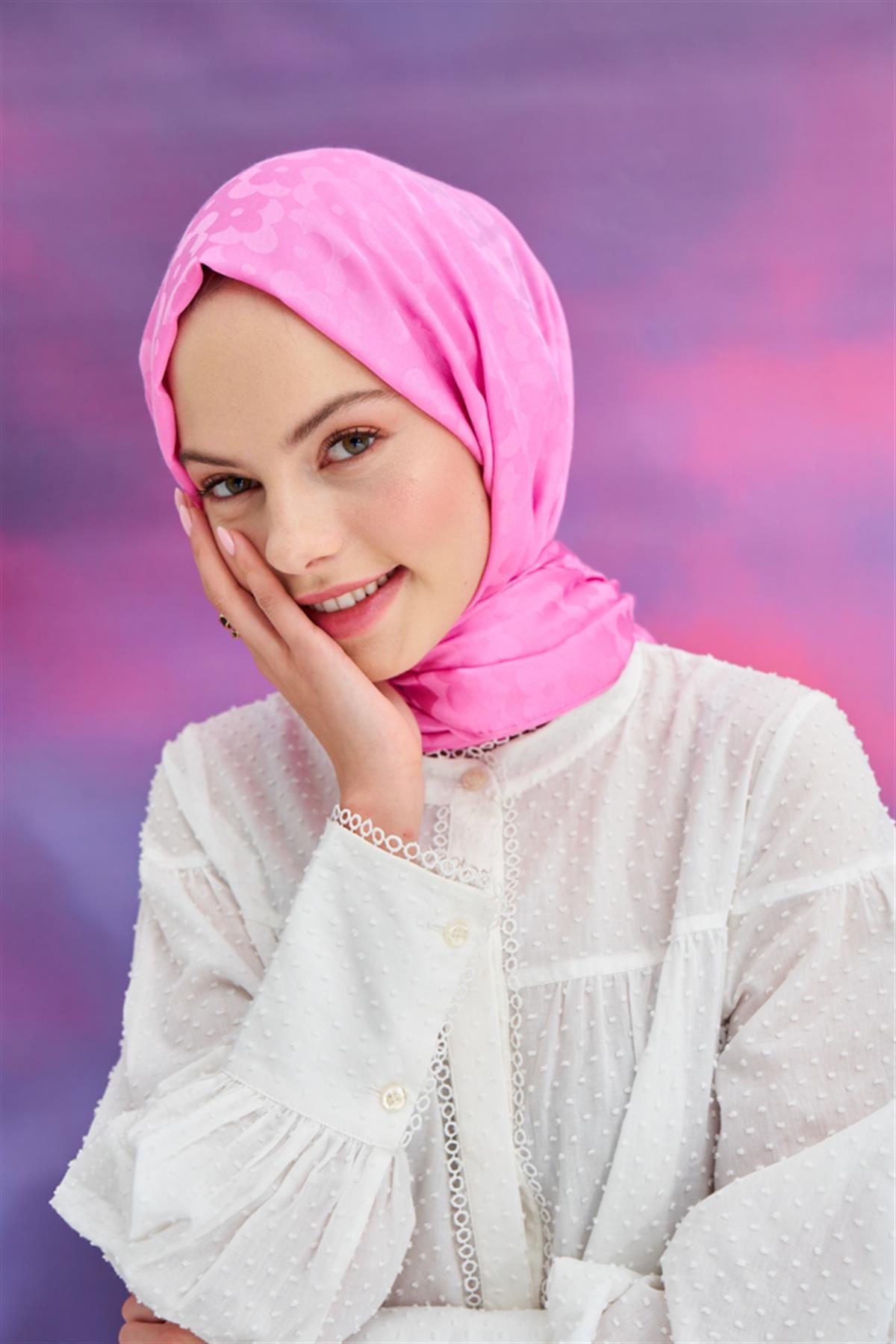 Çiçek Desen Jakar İtalyan İpekli Şal Pembe