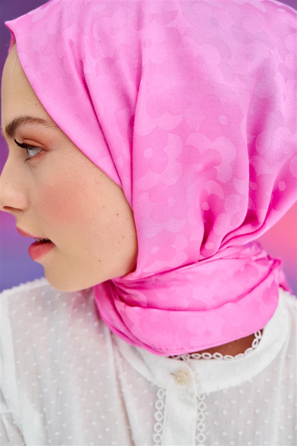 Çiçek Desen Jakar İtalyan İpekli Şal Pembe