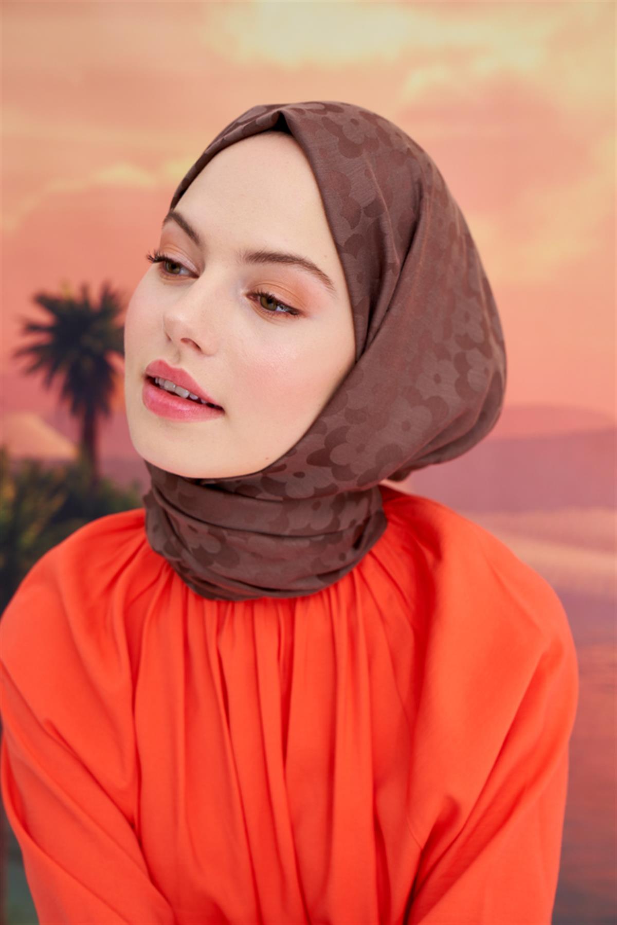 Çiçek Desen Jakar İtalyan İpekli Şal Soft Kahve