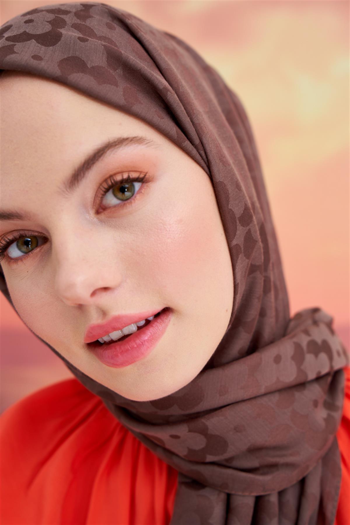 Çiçek Desen Jakar İtalyan İpekli Şal Soft Kahve
