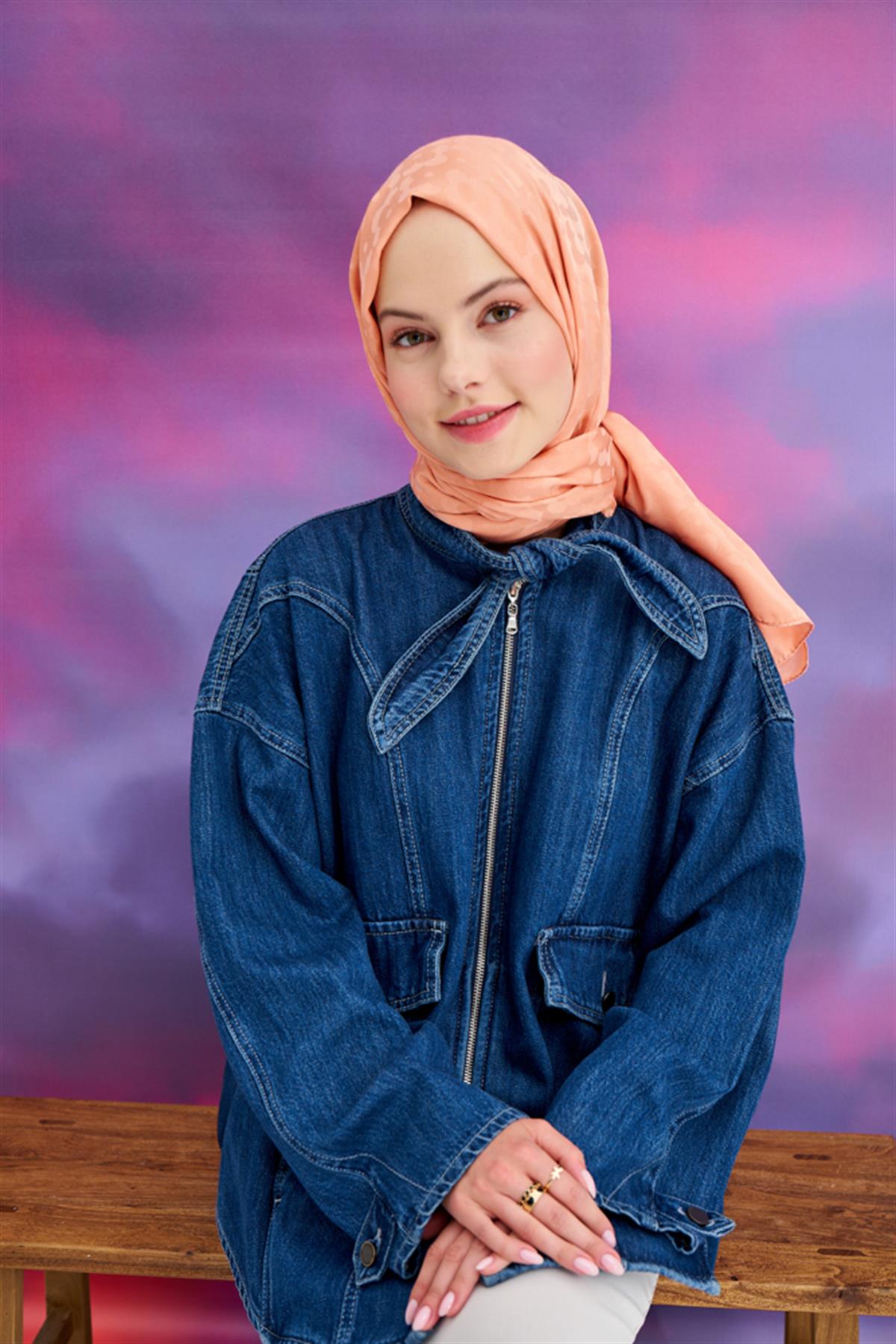 Çiçek Desen Jakar İtalyan İpekli Şal Somon