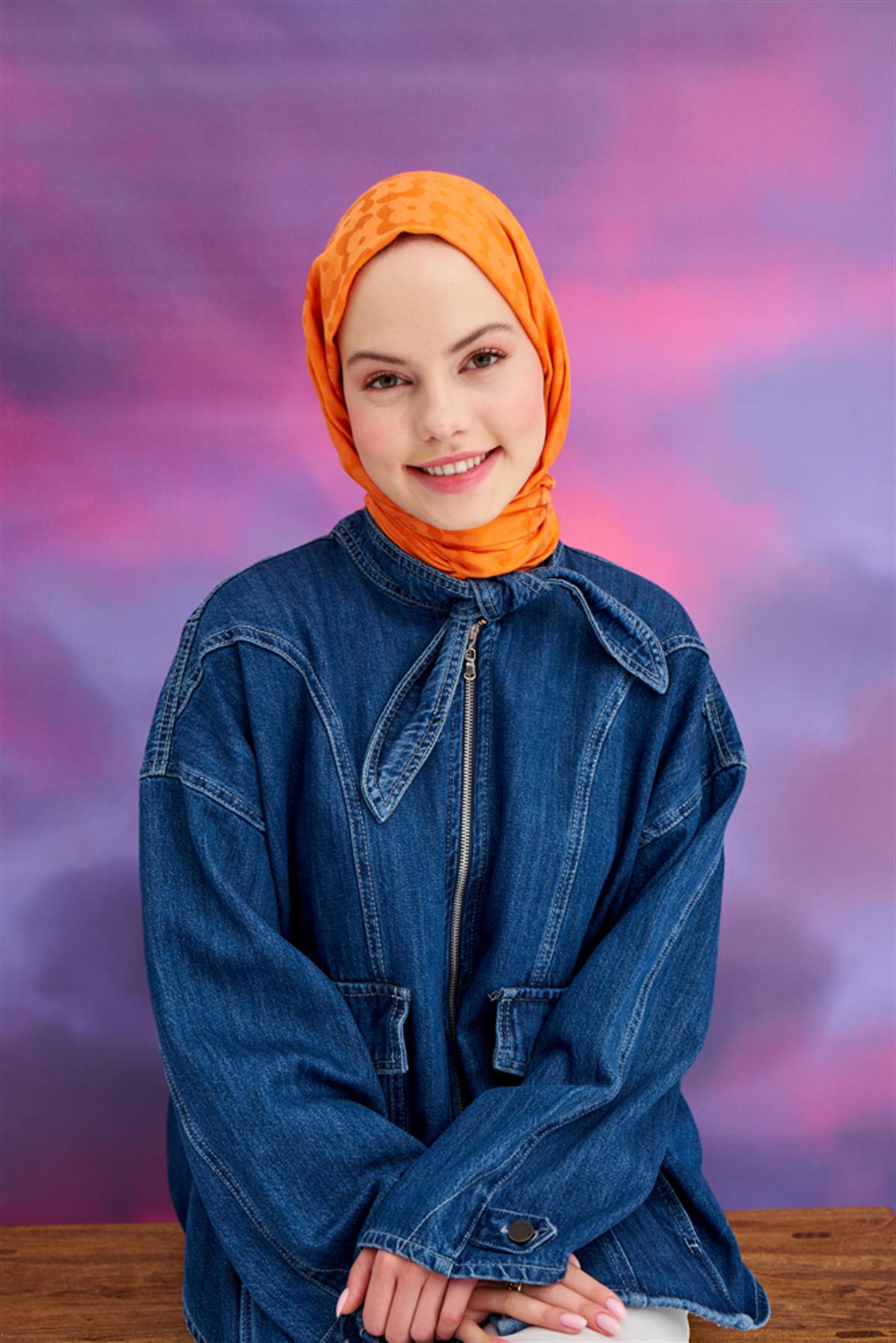 Çiçek Desen Jakar İtalyan İpekli Şal Turuncu