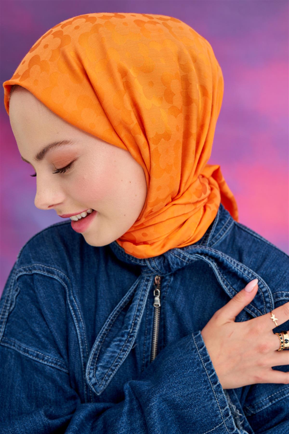 Çiçek Desen Jakar İtalyan İpekli Şal Turuncu