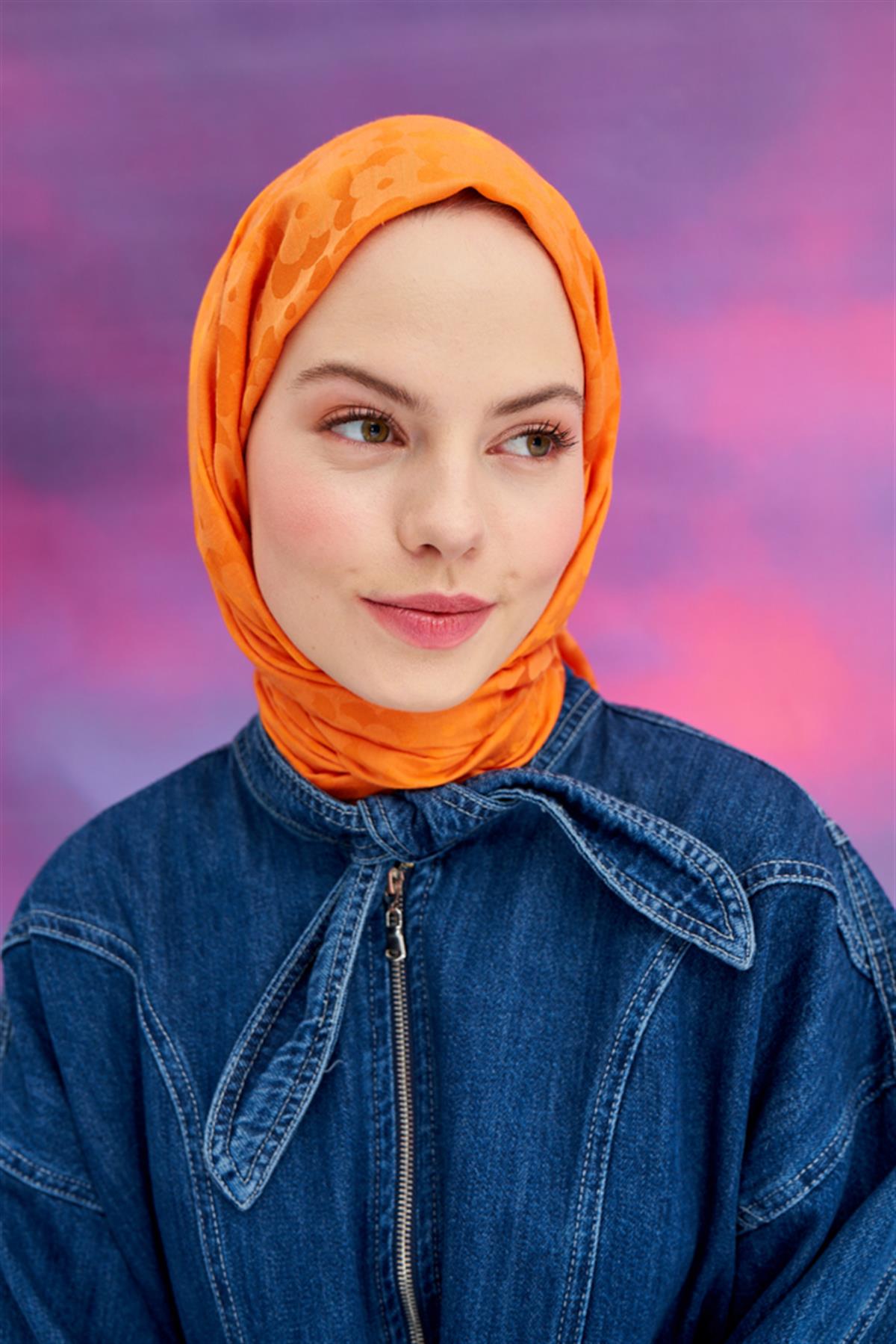 Çiçek Desen Jakar İtalyan İpekli Şal Turuncu