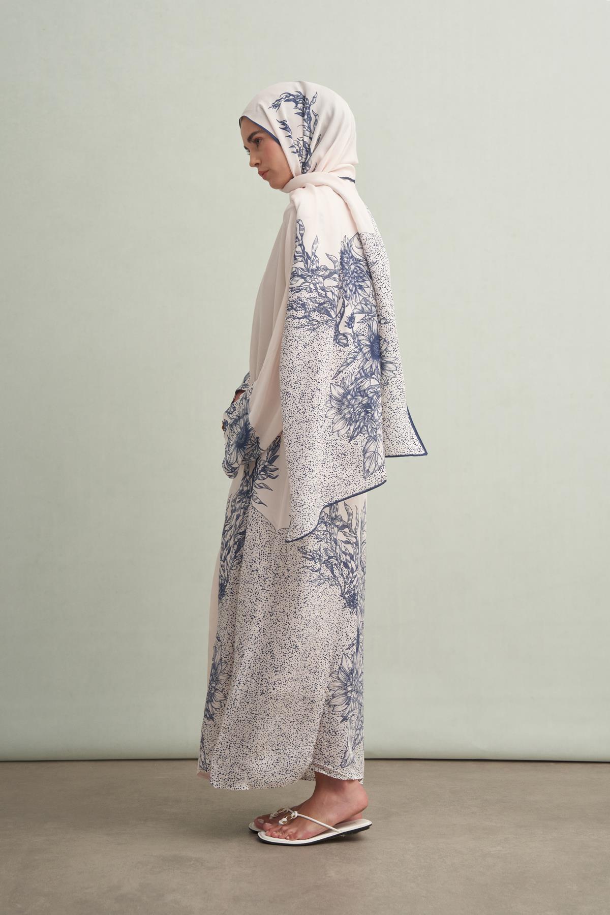 Navy Floş Abaya Krem