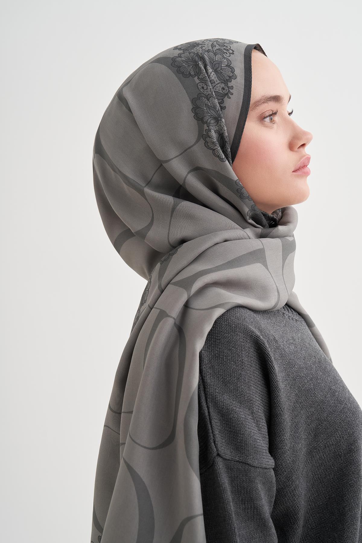 Floral Monogram Floş Şal Gri