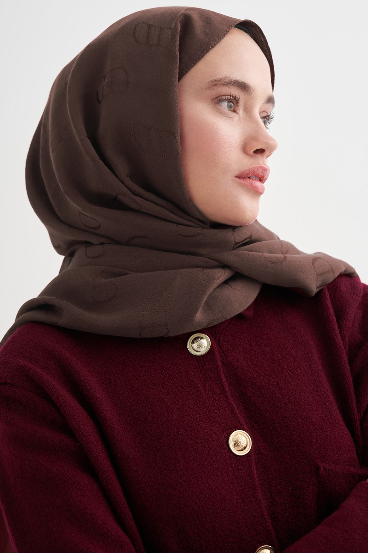 Monogram Desen Liora Pamuk Şal Kızıl Kahve
