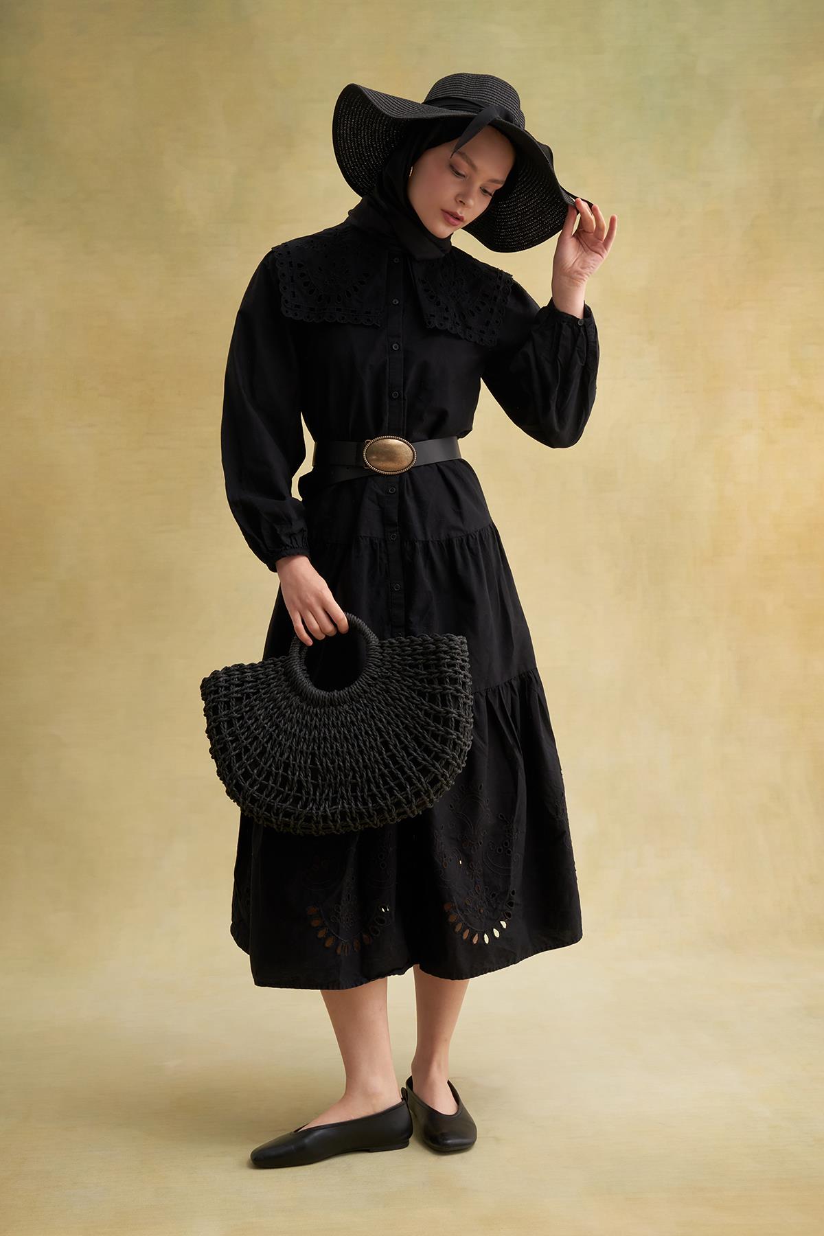 Kurdeleli Hasır Şapka Siyah